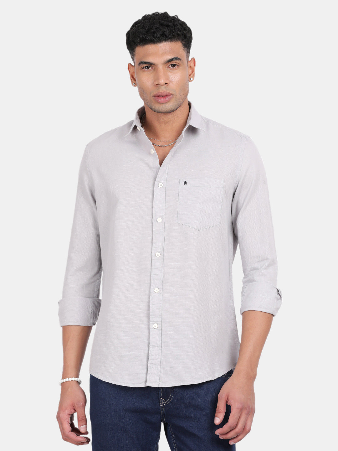 Men Silver Slim Fit Spread Collar Full Sleeve Casual Shirt
