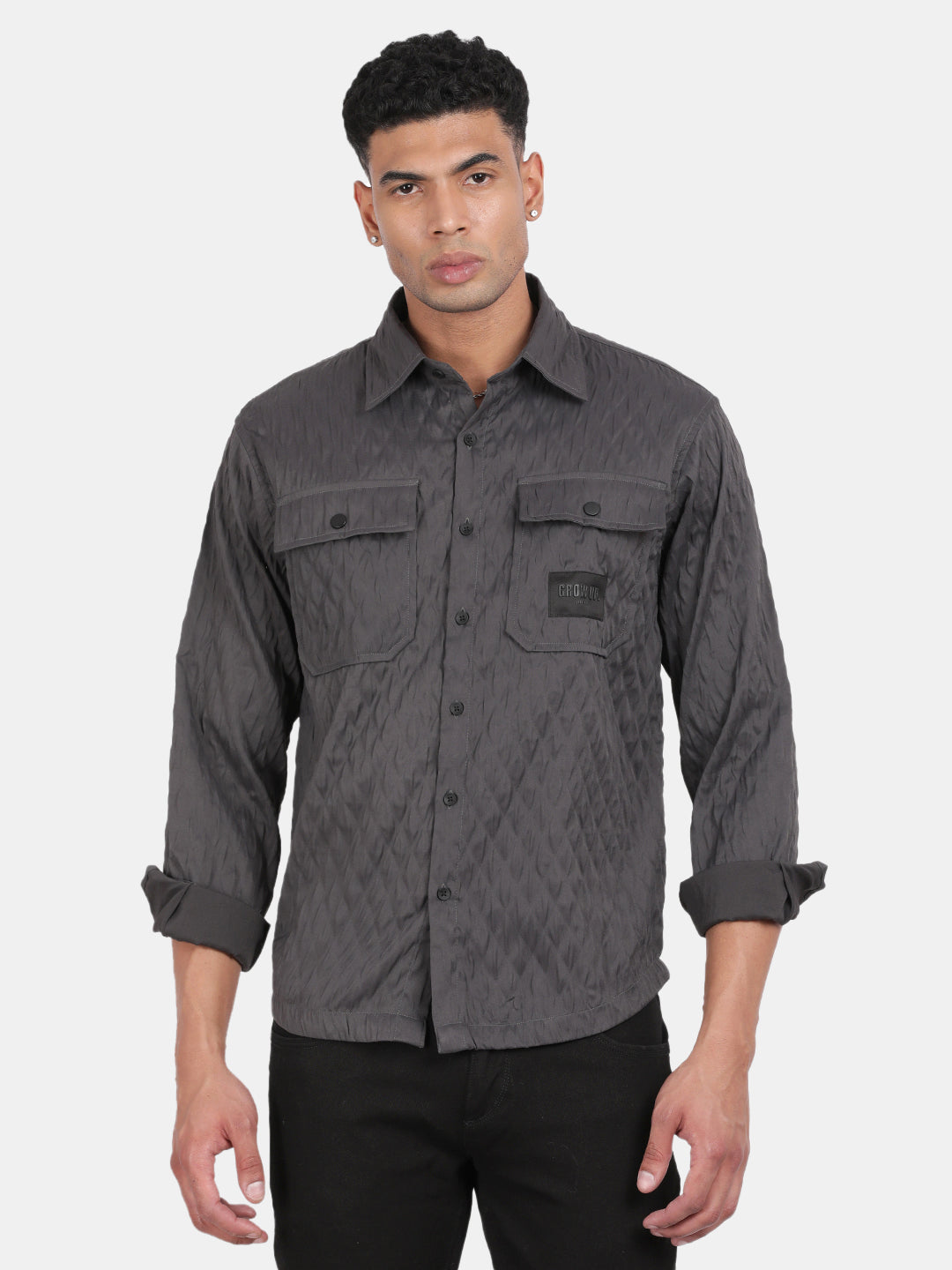 Men Dark Grey Slim Fit Spread Collar Full Sleeve Casual Shirt