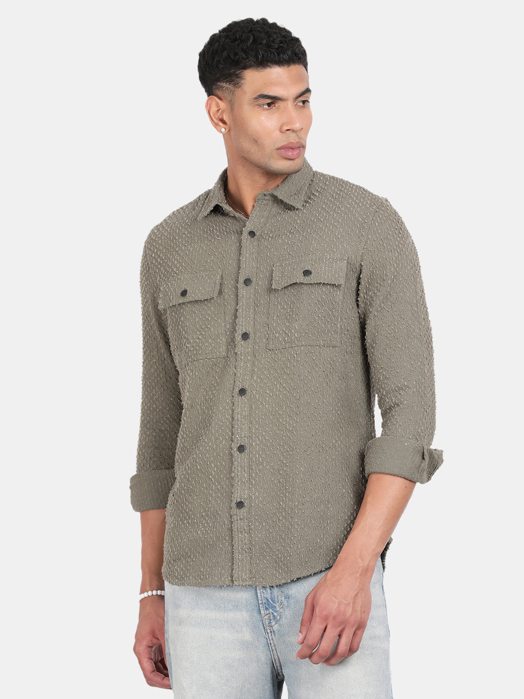 Men Green Slim Fit Spread Collar Full Sleeve Casual Shirt