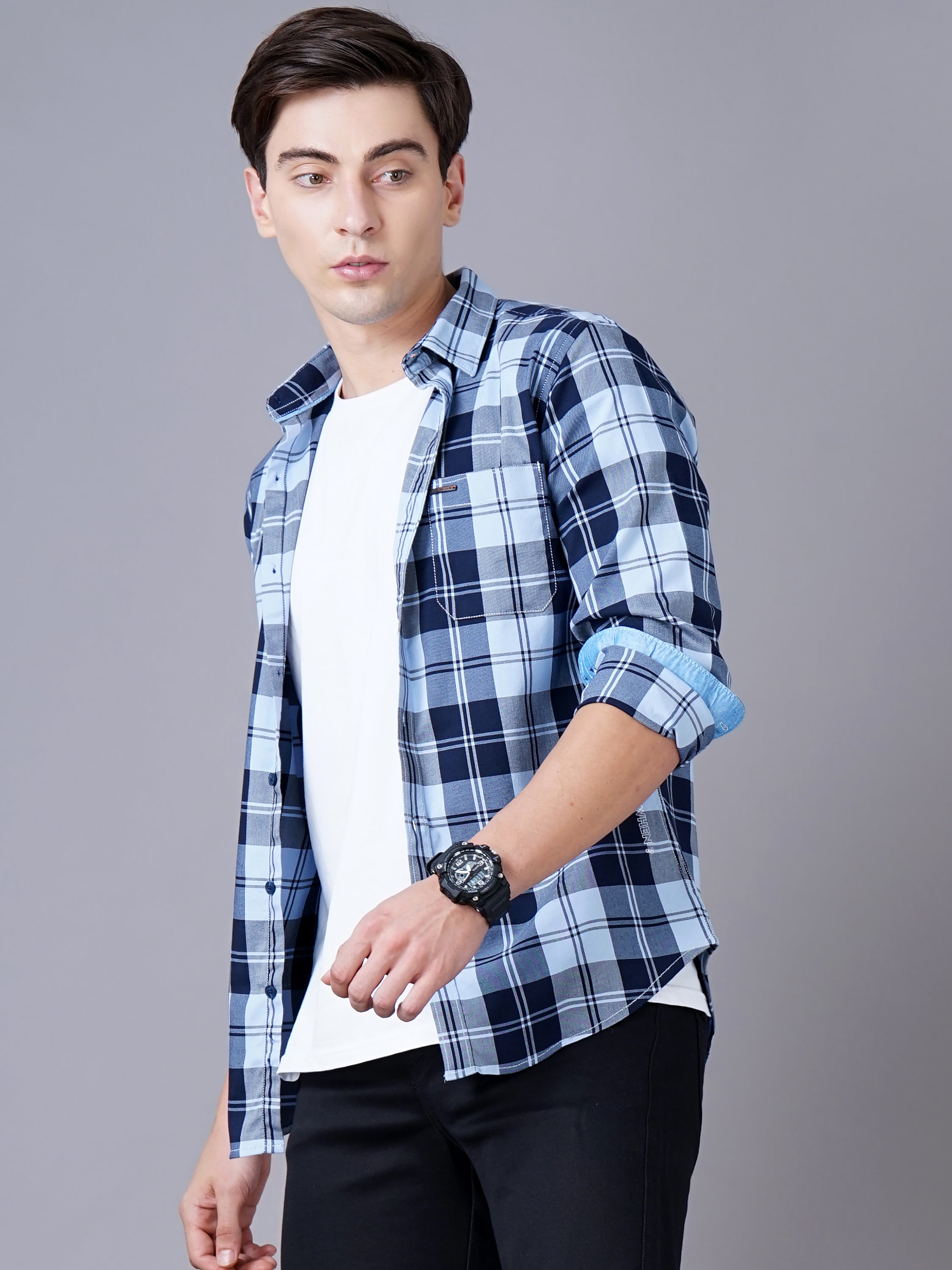 Men Blue Cotton Slim Shirt