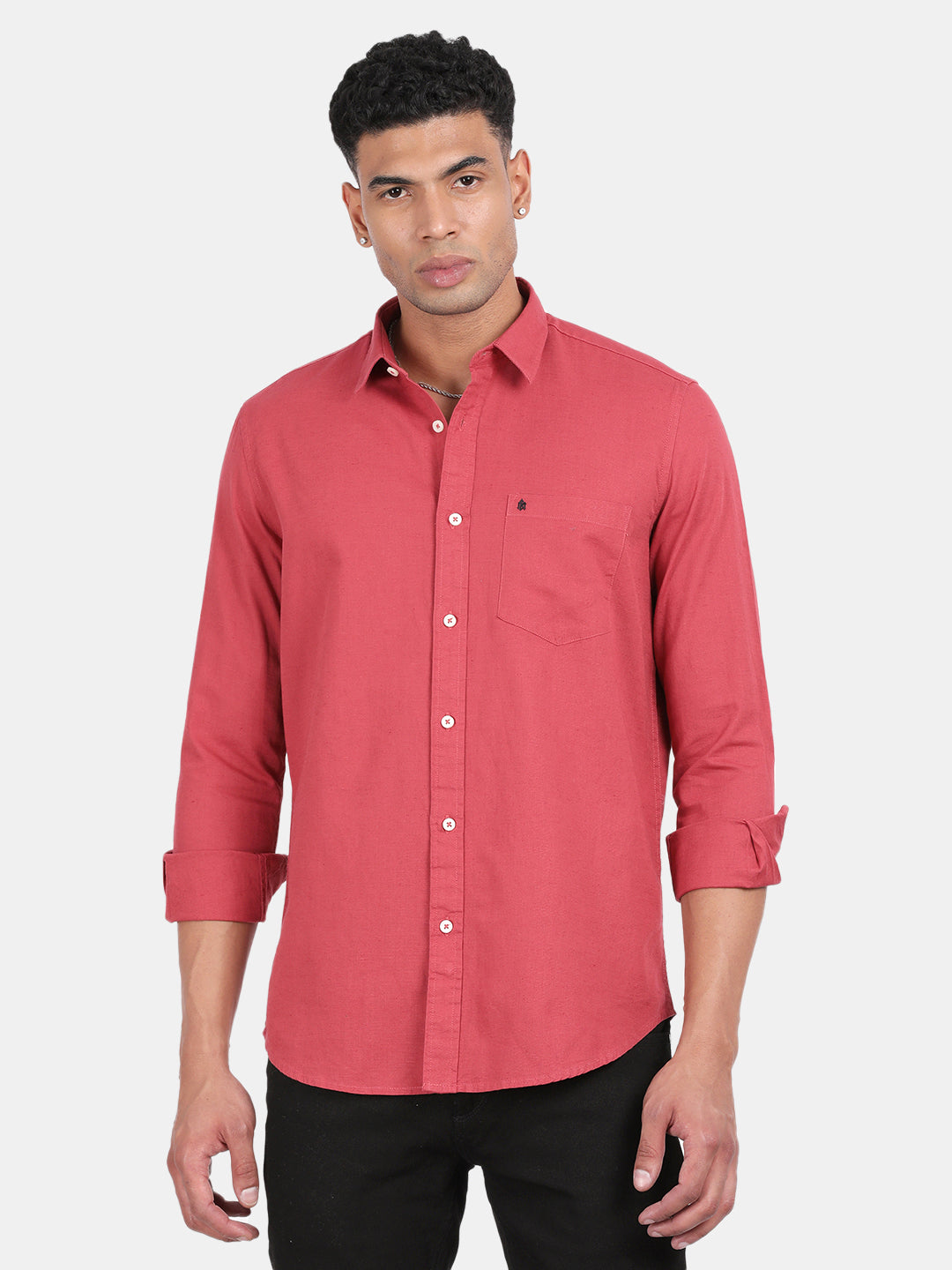 Men Red Slim Fit Spread Collar Full Sleeve Casual Shirt