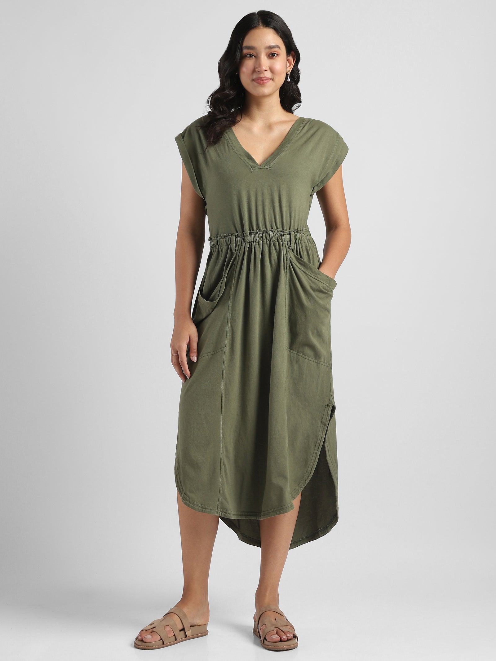 Women Olive Maxi Dress with Side Slit