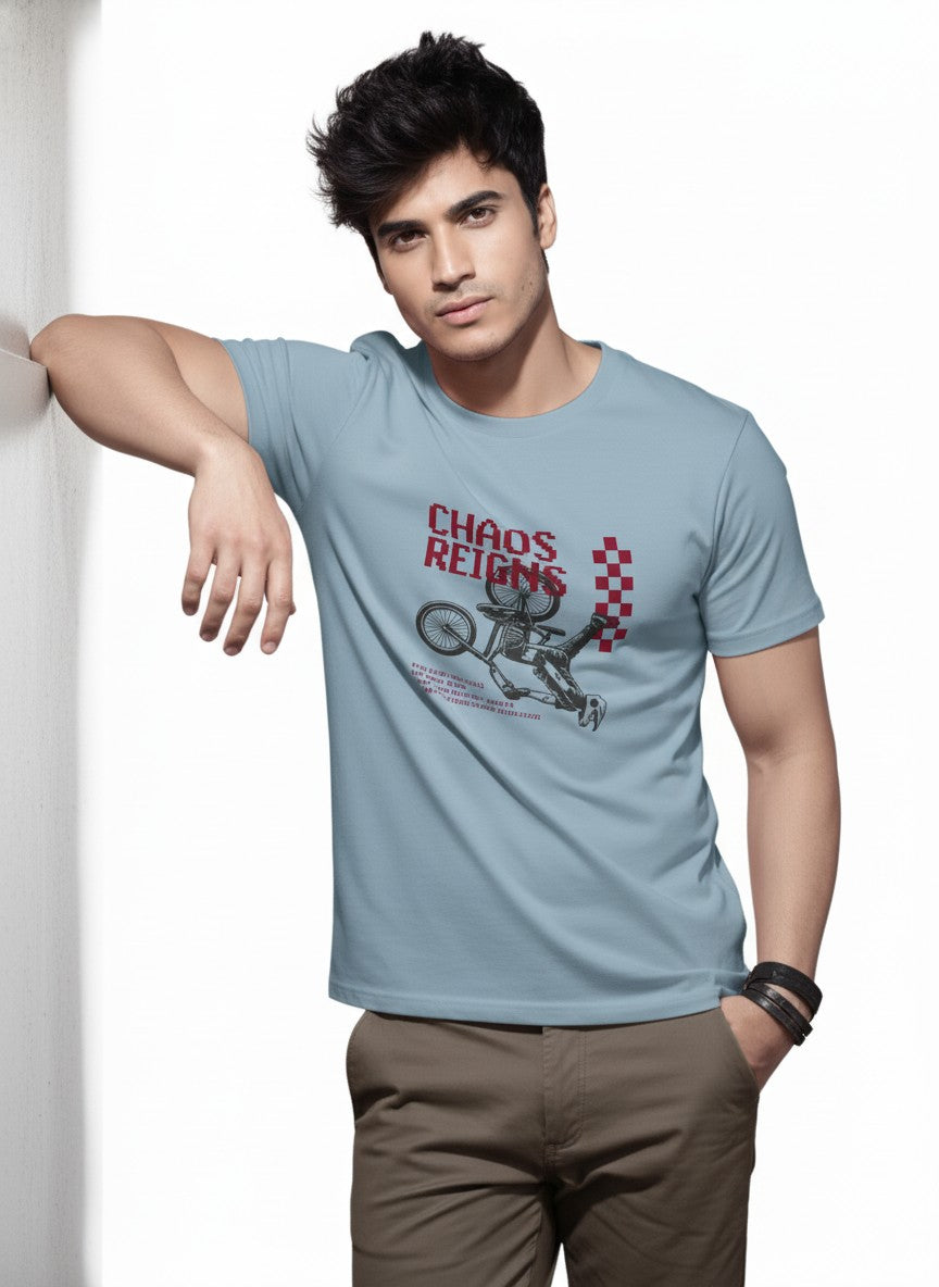 Men Cotton Ice Blue T-Shirt