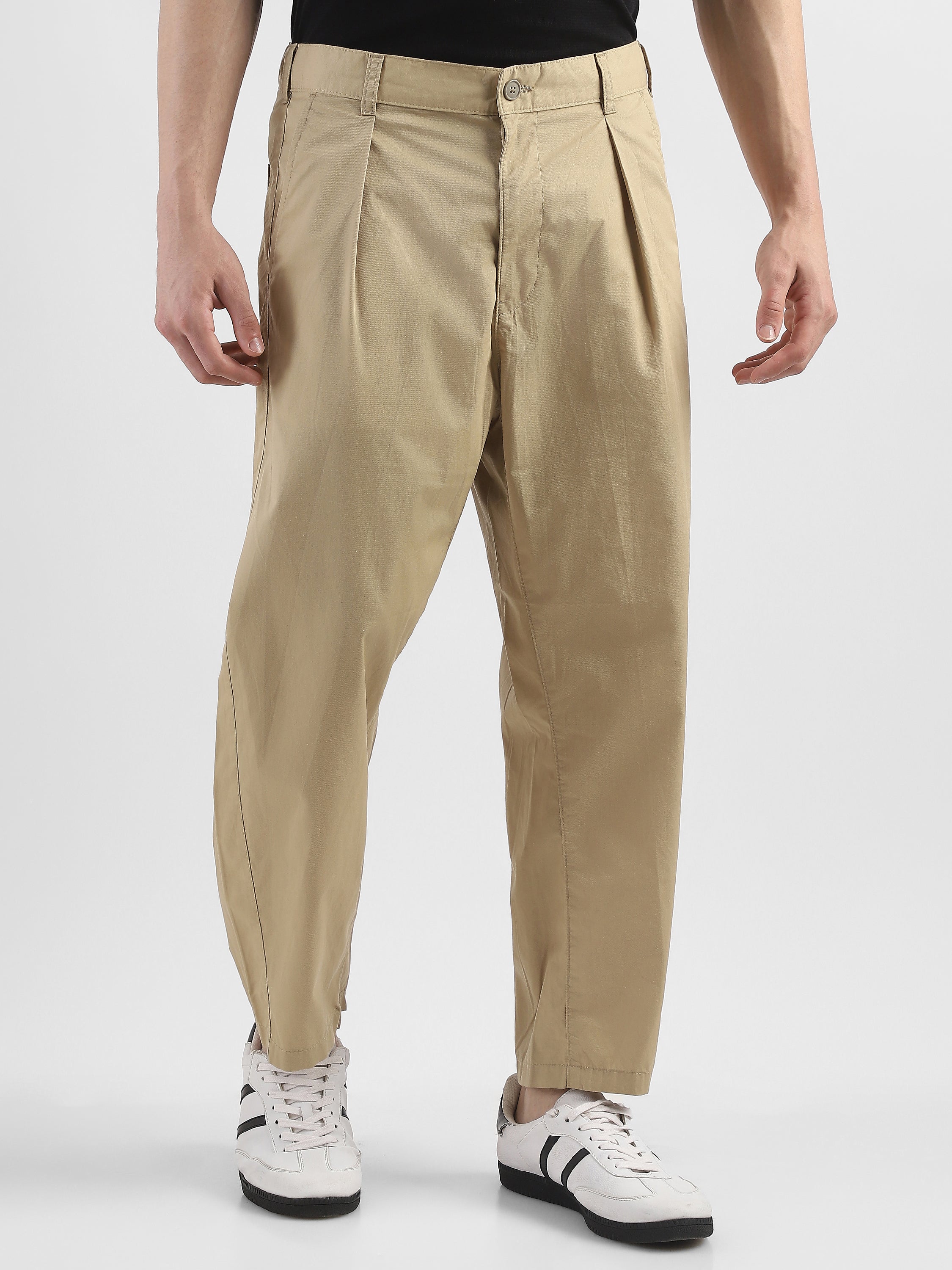 Men Beige Pleated Mid Rise Comfort Fit Trousers