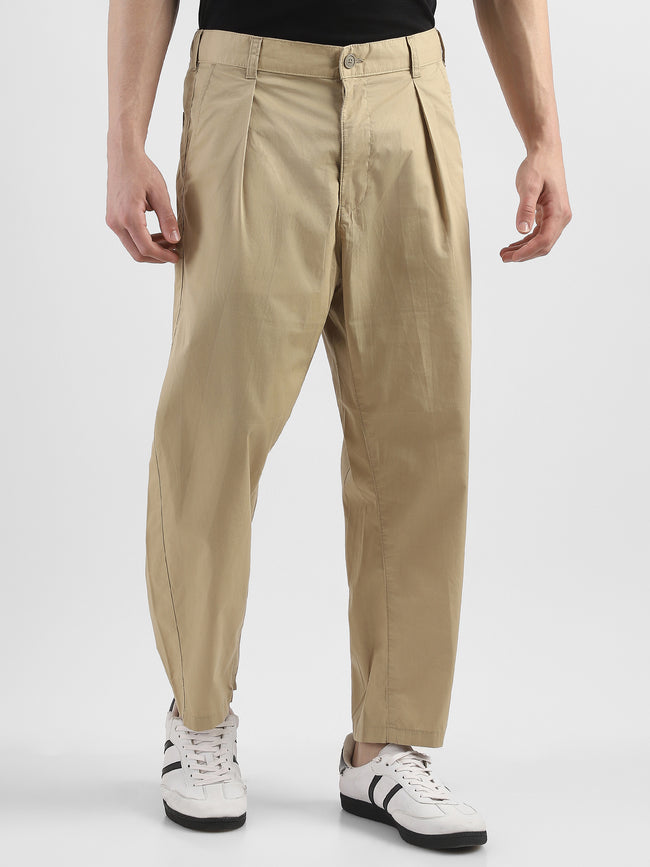 Men Beige Pleated Mid Rise Comfort Fit Trousers