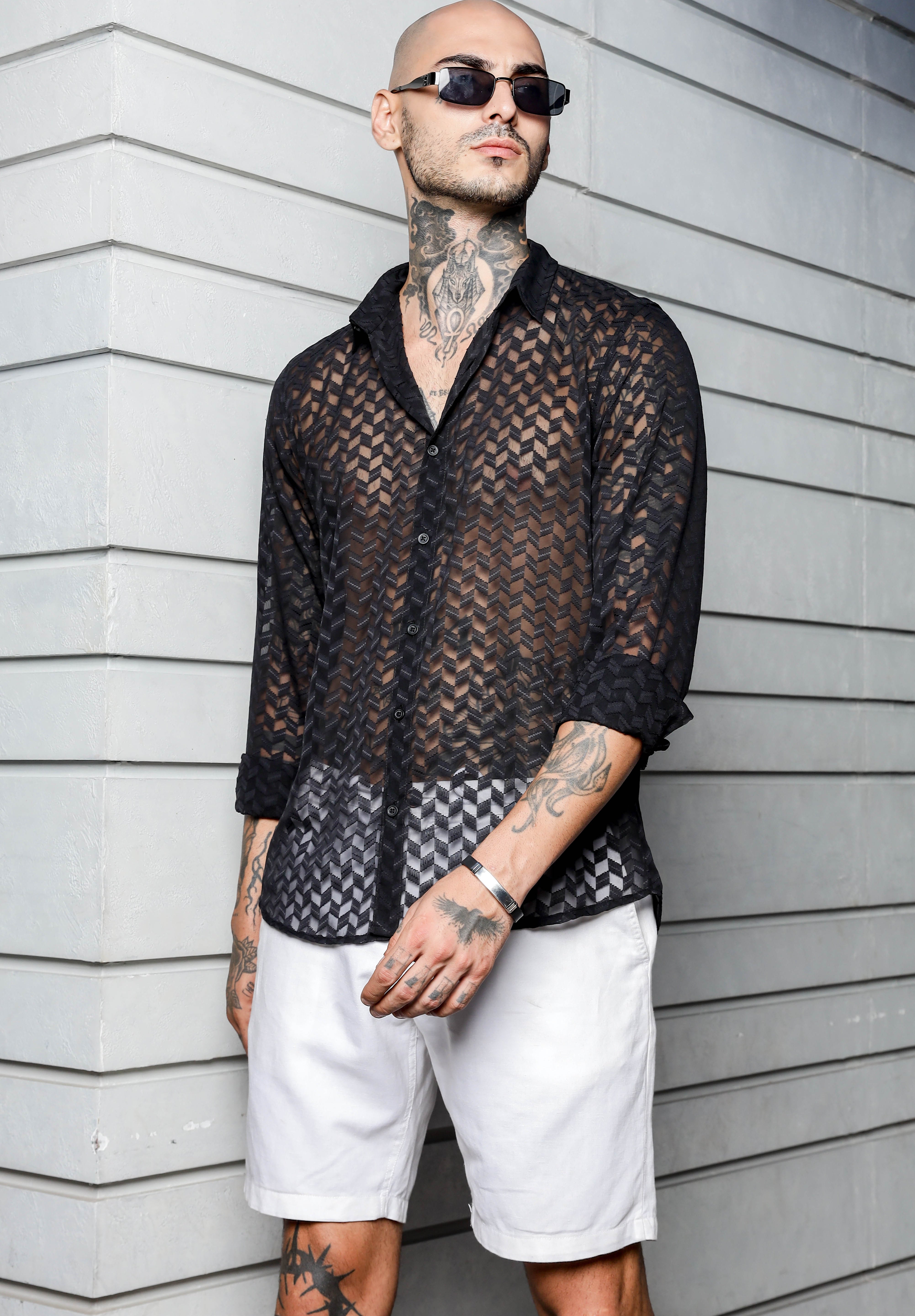 Men Black Semi Sheer Shirt