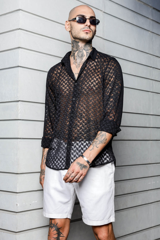 Men Black Semi Sheer Shirt