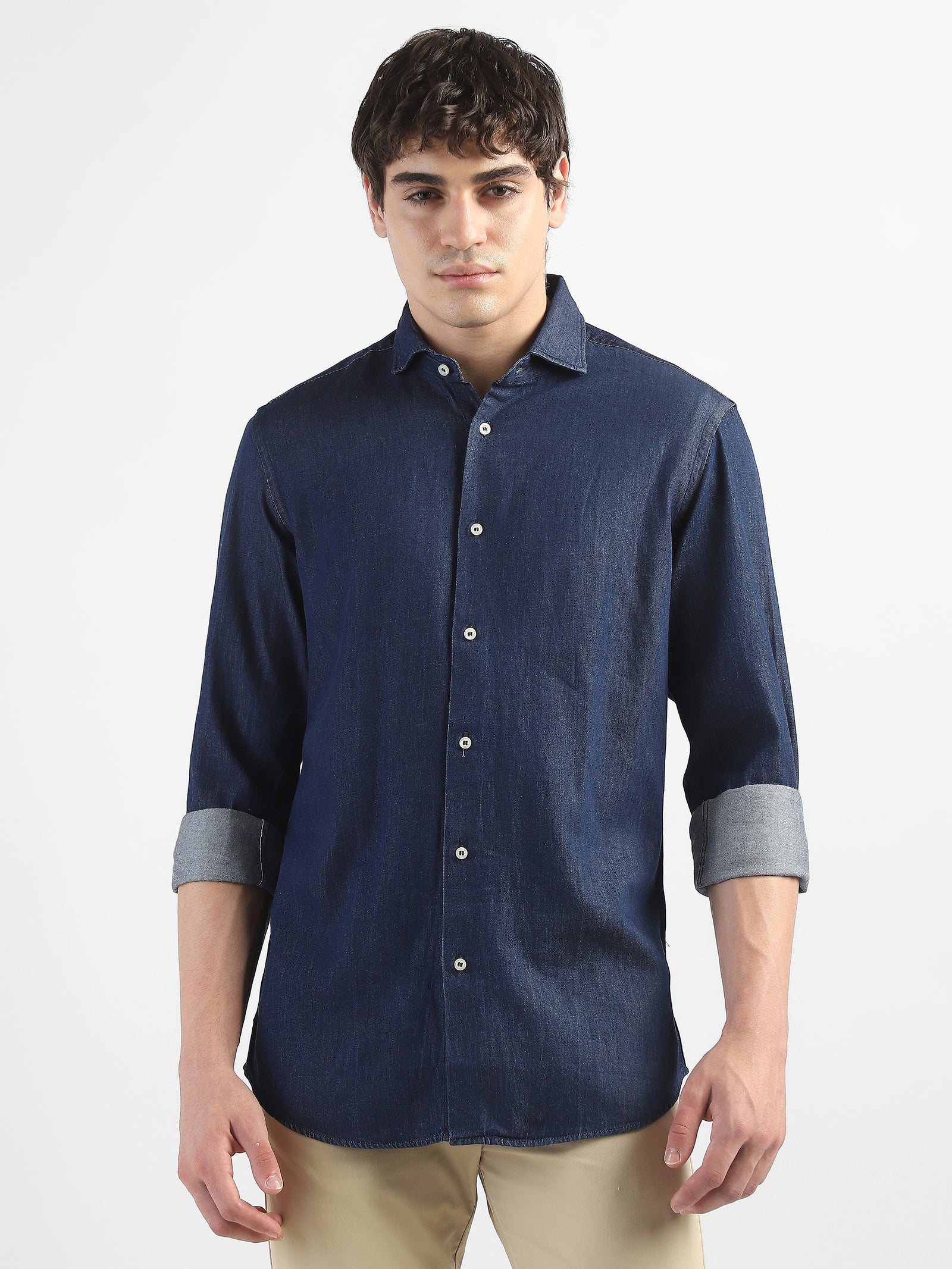 Men Denim Navy Blue Regular Fit Shirt