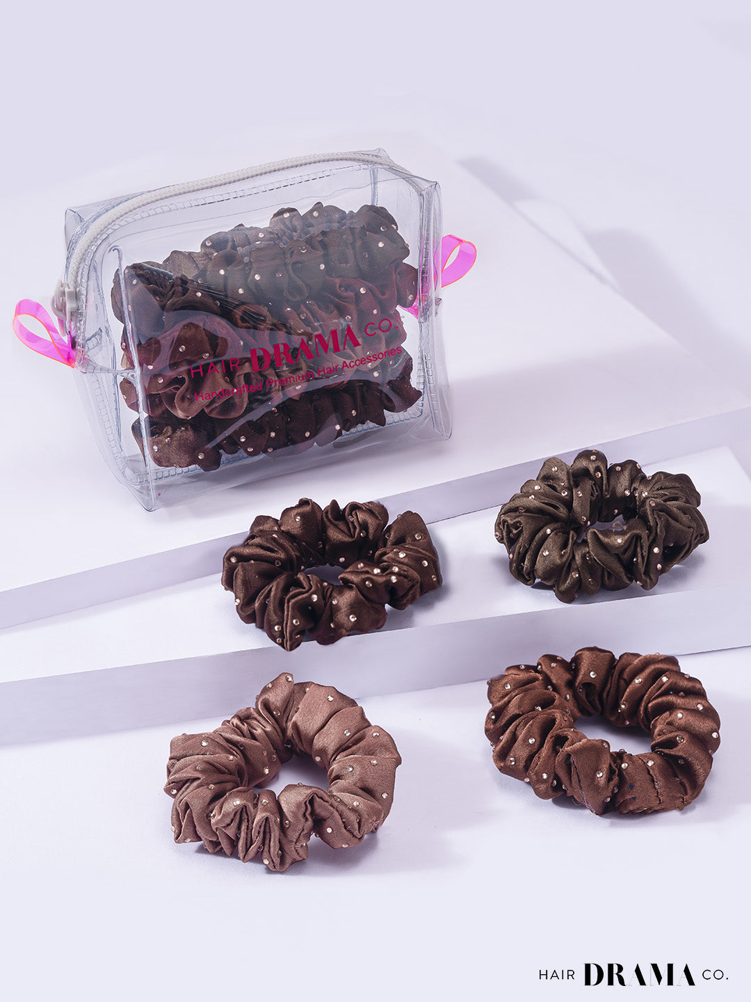 Brown Luxury Scrunchies With Free Pouch Set Of 5
