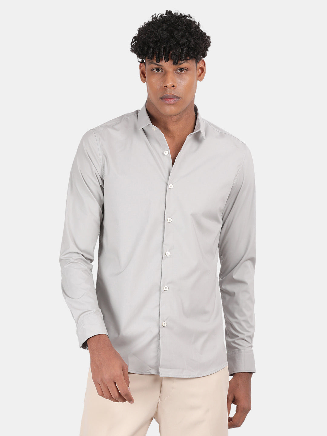 Men Silver Slim Fit Spread Collar Full Sleeve Casual Shirt