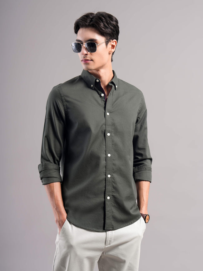 Men Olive Solid Casual Shirt