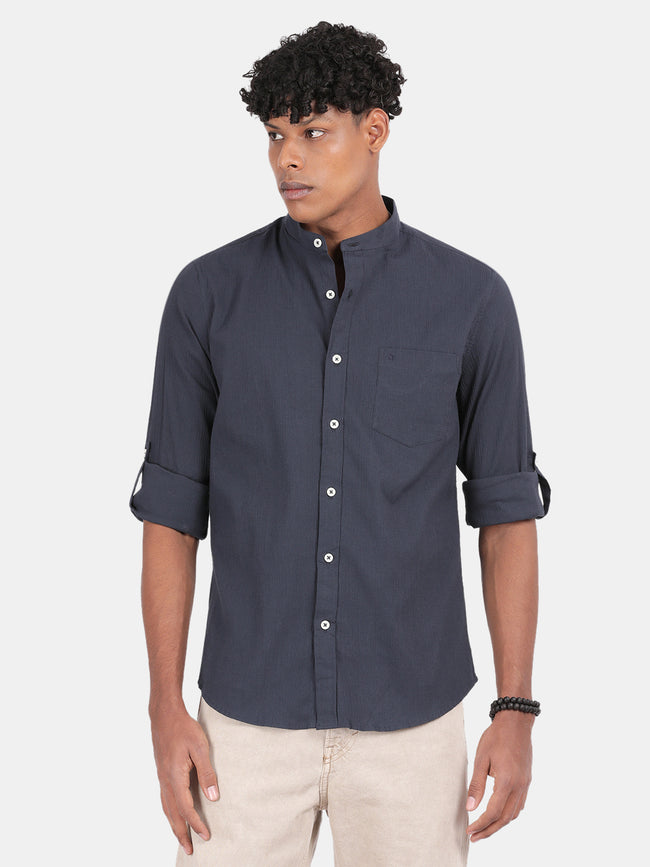 Men Blue Slim Fit Mandarin Collar Full Sleeve Casual Shirt