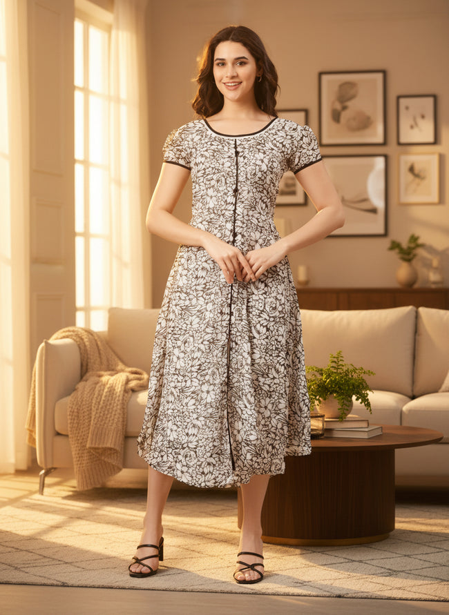 Women Floral Chiffon Flared Midi Dress