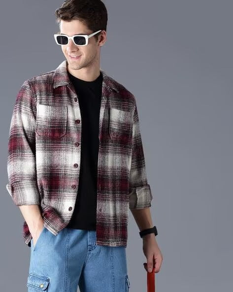 Men Burgundy Oversized Fit Shacket