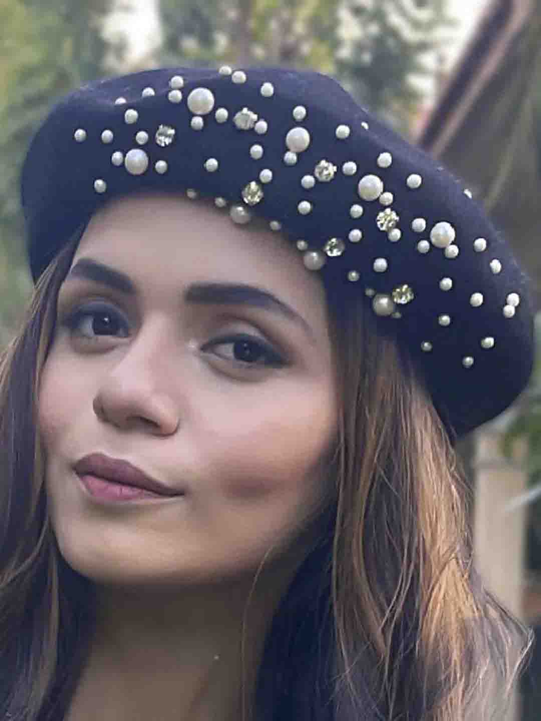 Black Beret with Pearls & Crystals