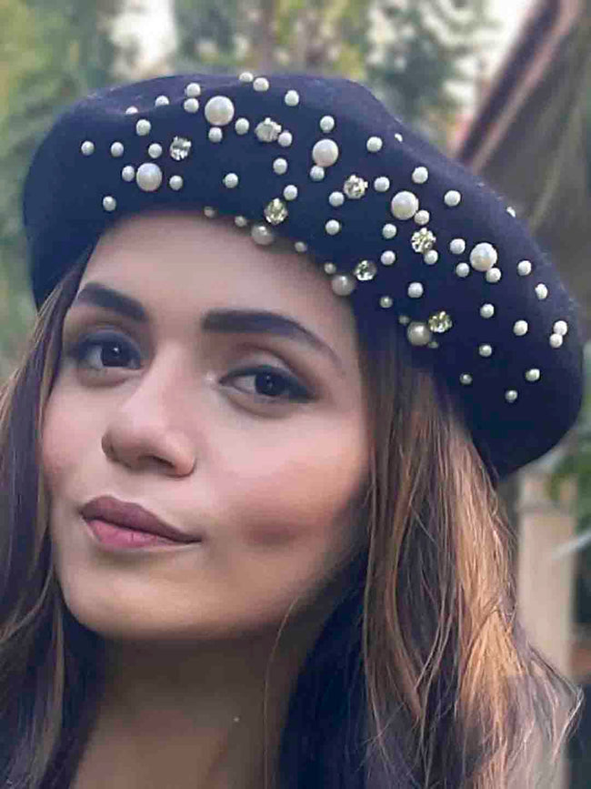 Black Beret with Pearls & Crystals