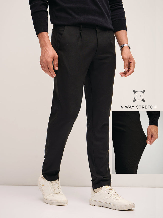 Men Black Solid 4 Way Stretch Formal Trouser