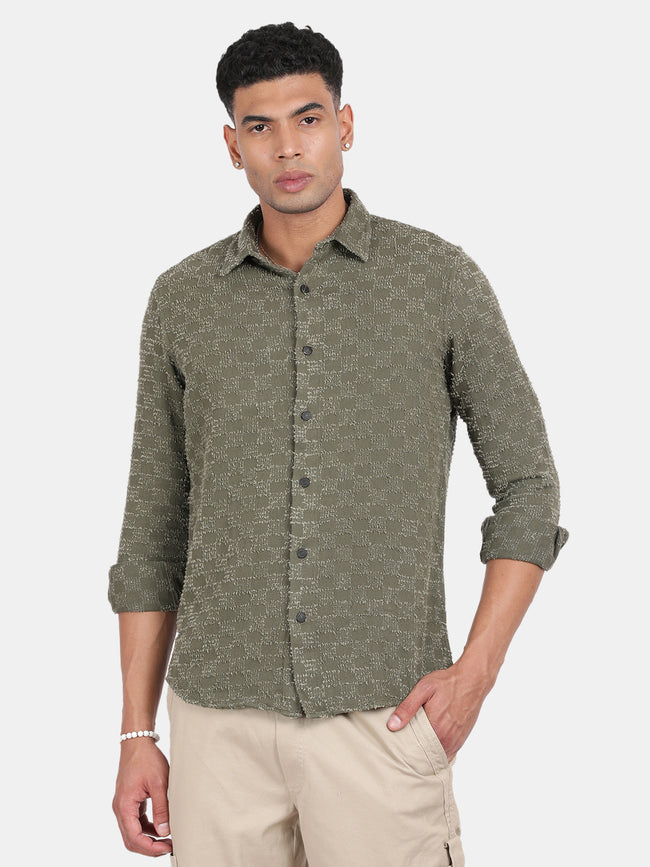 Men Green Slim Fit Spread Collar Full Sleeve Casual Shirt
