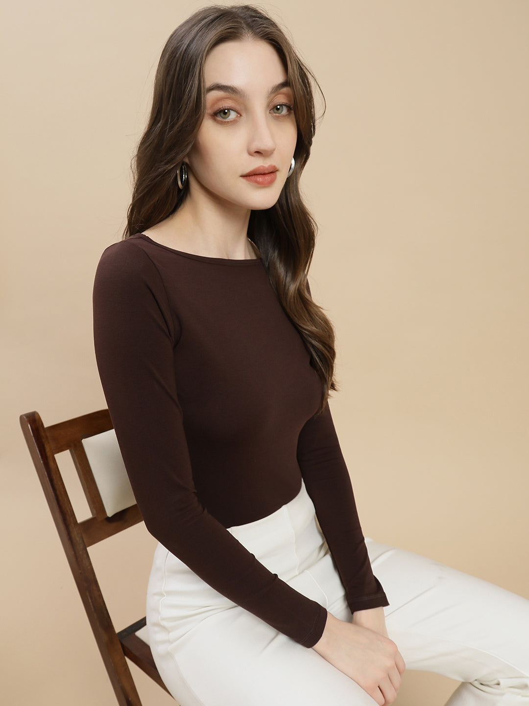 Women Brown Boat Neck Top