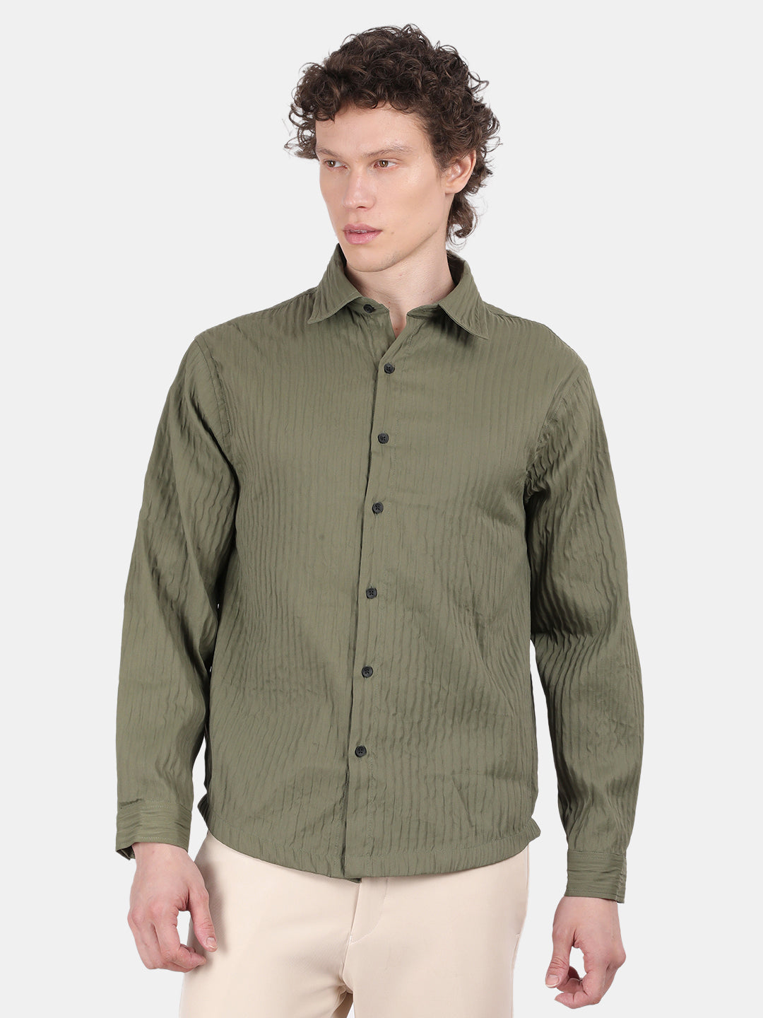 Men Light Green Slim Fit Spread Collar Full Sleeve Casual Shirt
