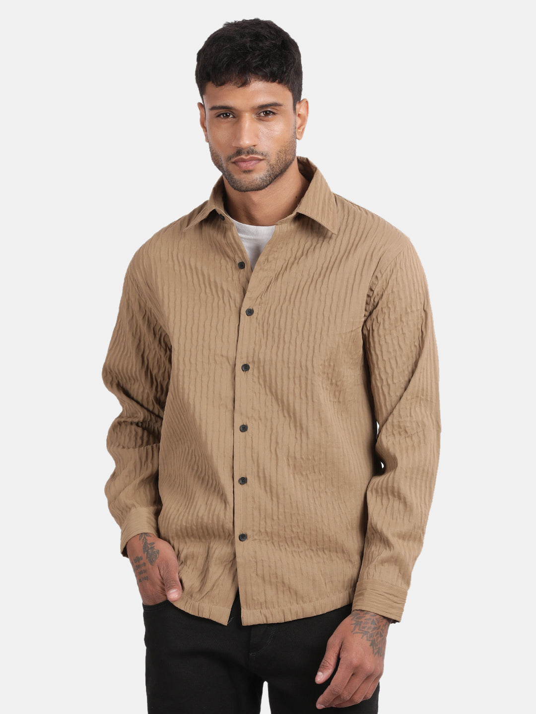 Men Brown Slim Fit Spread Collar Full Sleeve Casual Shirt