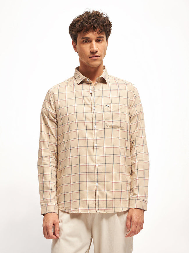Men Beige Checked Slim Fit Casual Shirt