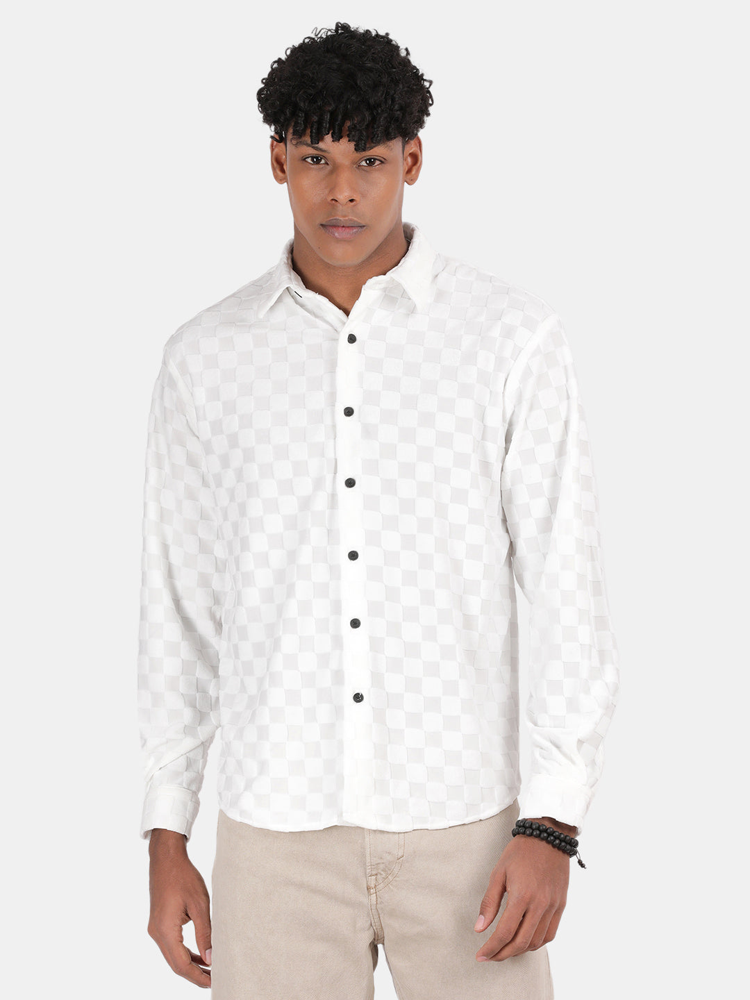 Men White Slim Fit Spread Collar Full Sleeve Casual Shirt