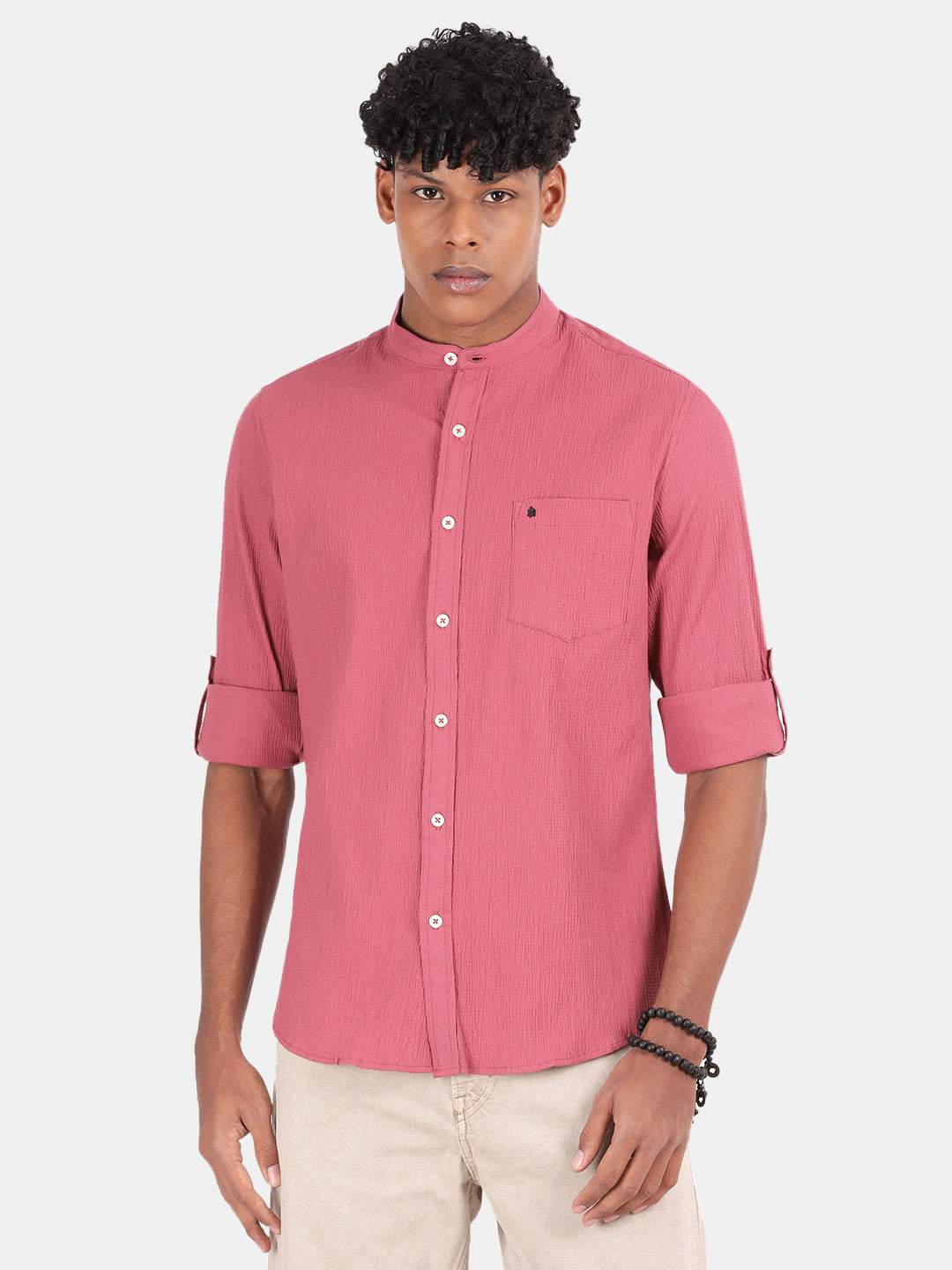 Men Pink Slim Fit Mandarin Collar Full Sleeve Casual Shirt