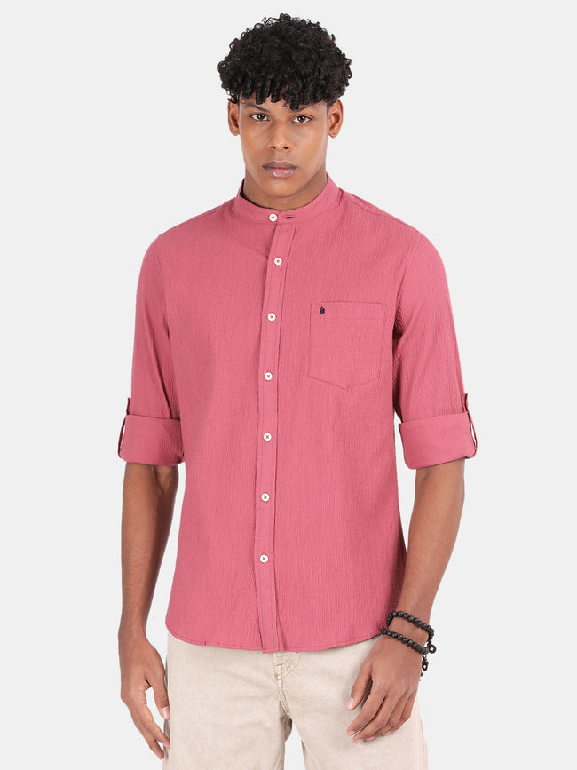 Men Pink Slim Fit Mandarin Collar Full Sleeve Casual Shirt
