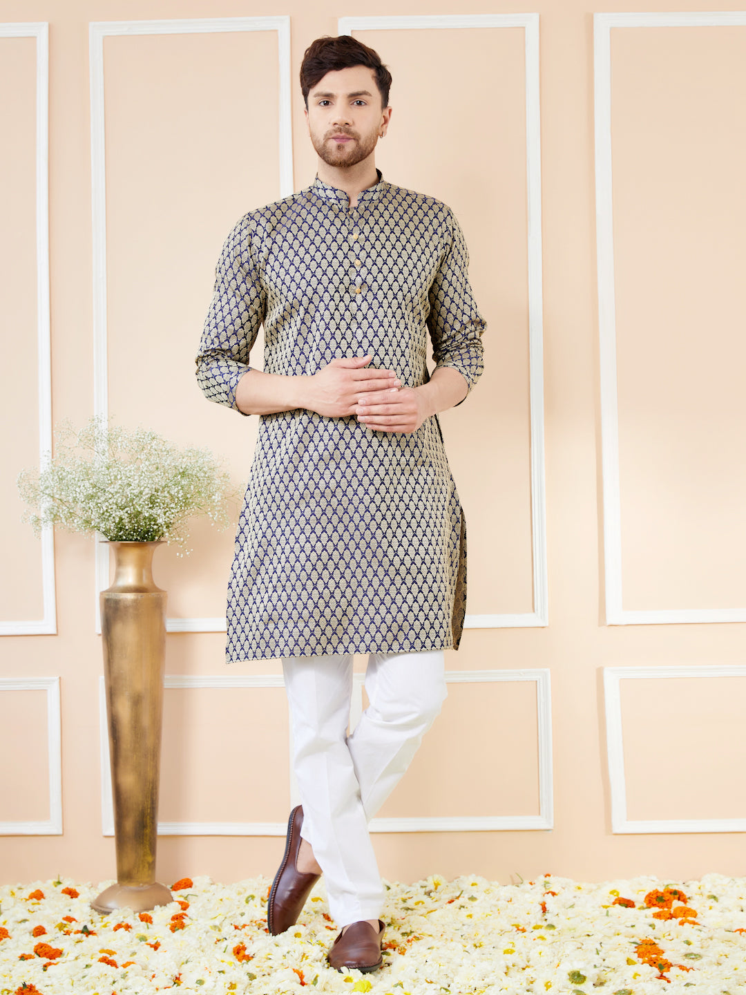 Men Navy Blue Silk Jacquard Woven Design Kurta
