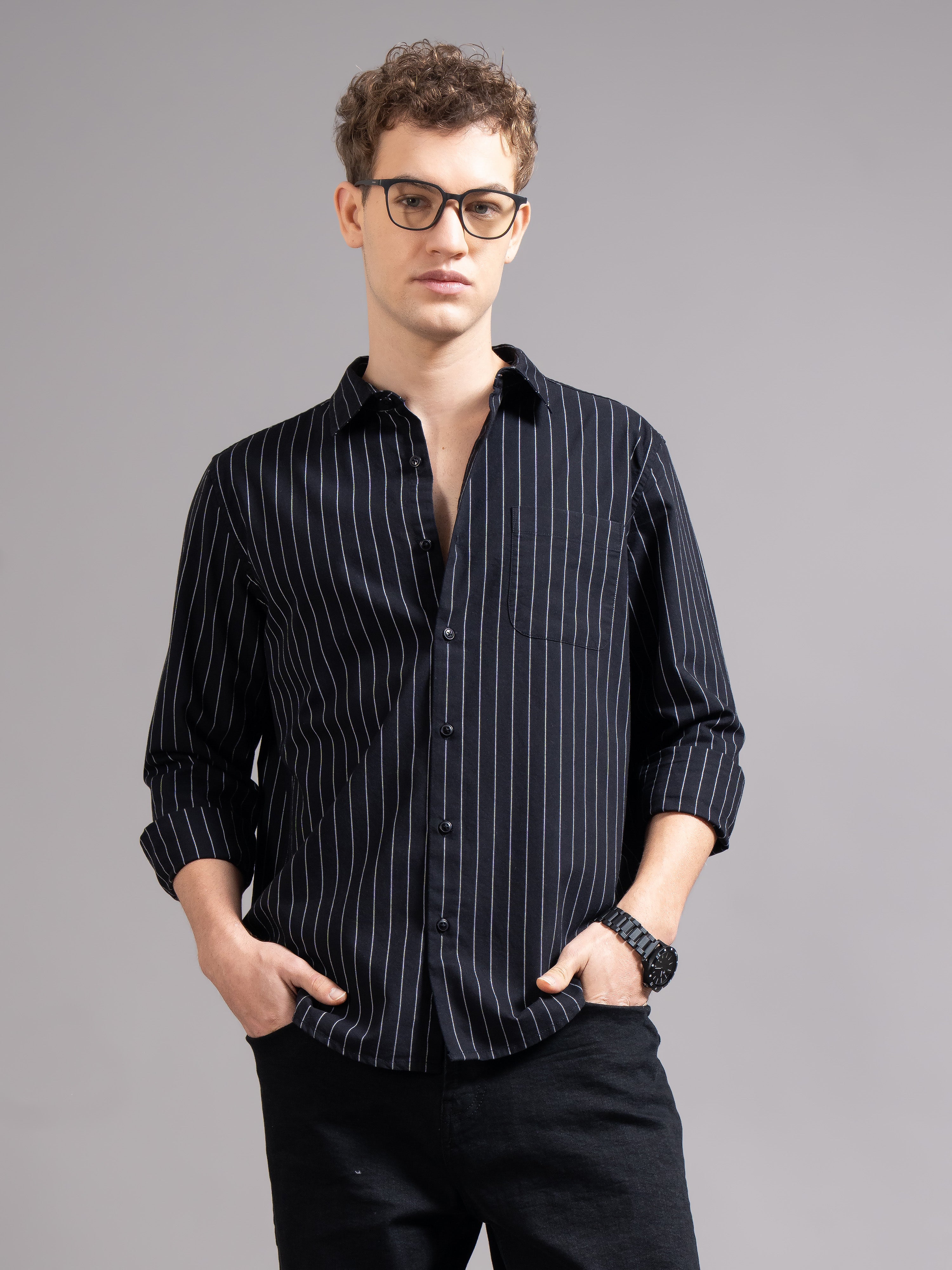 Men Black Striped Shirt