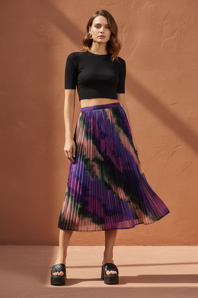Women Printed Pleated Maxi Skirt