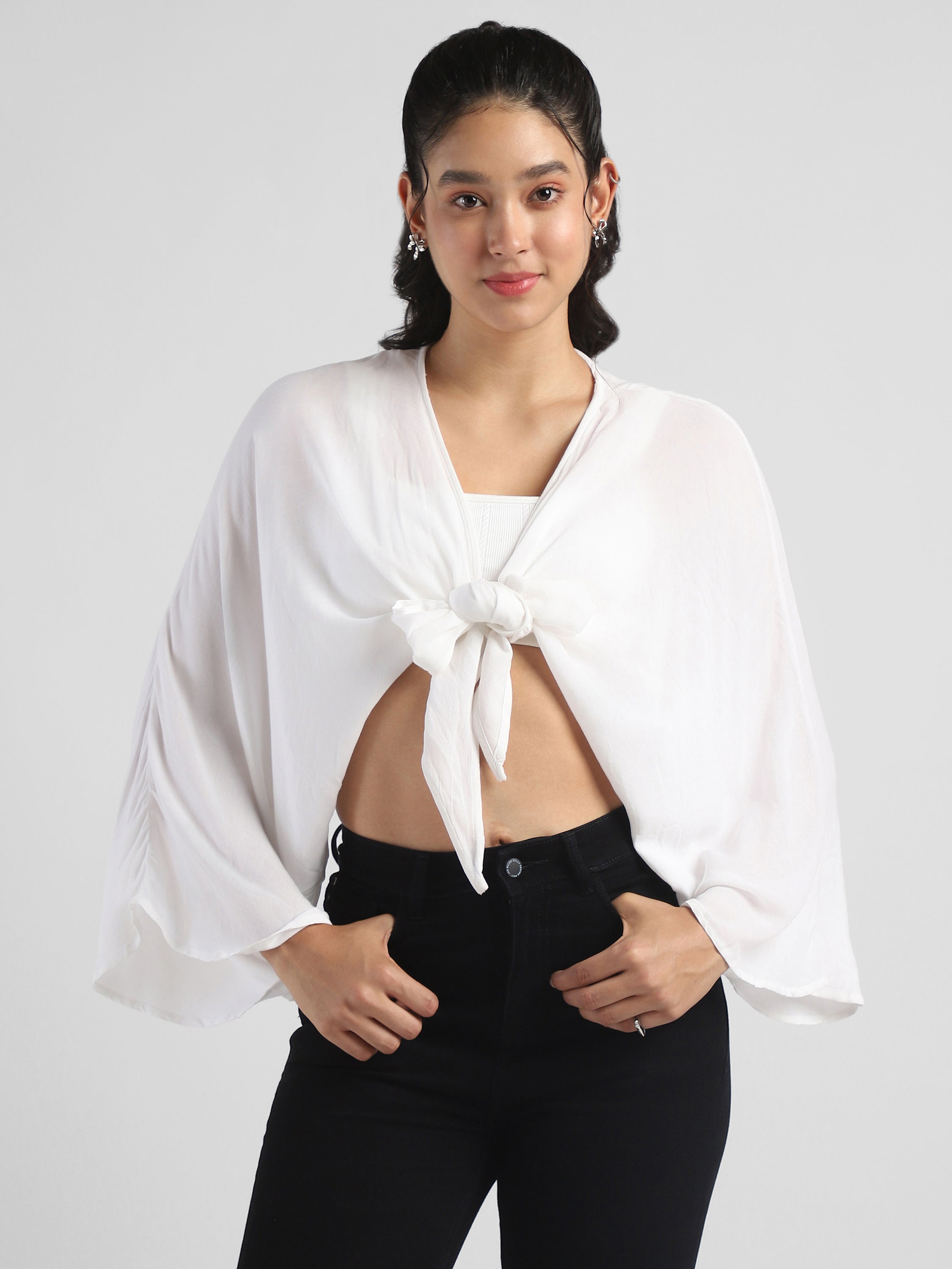 Women White Front Tie Crop Top