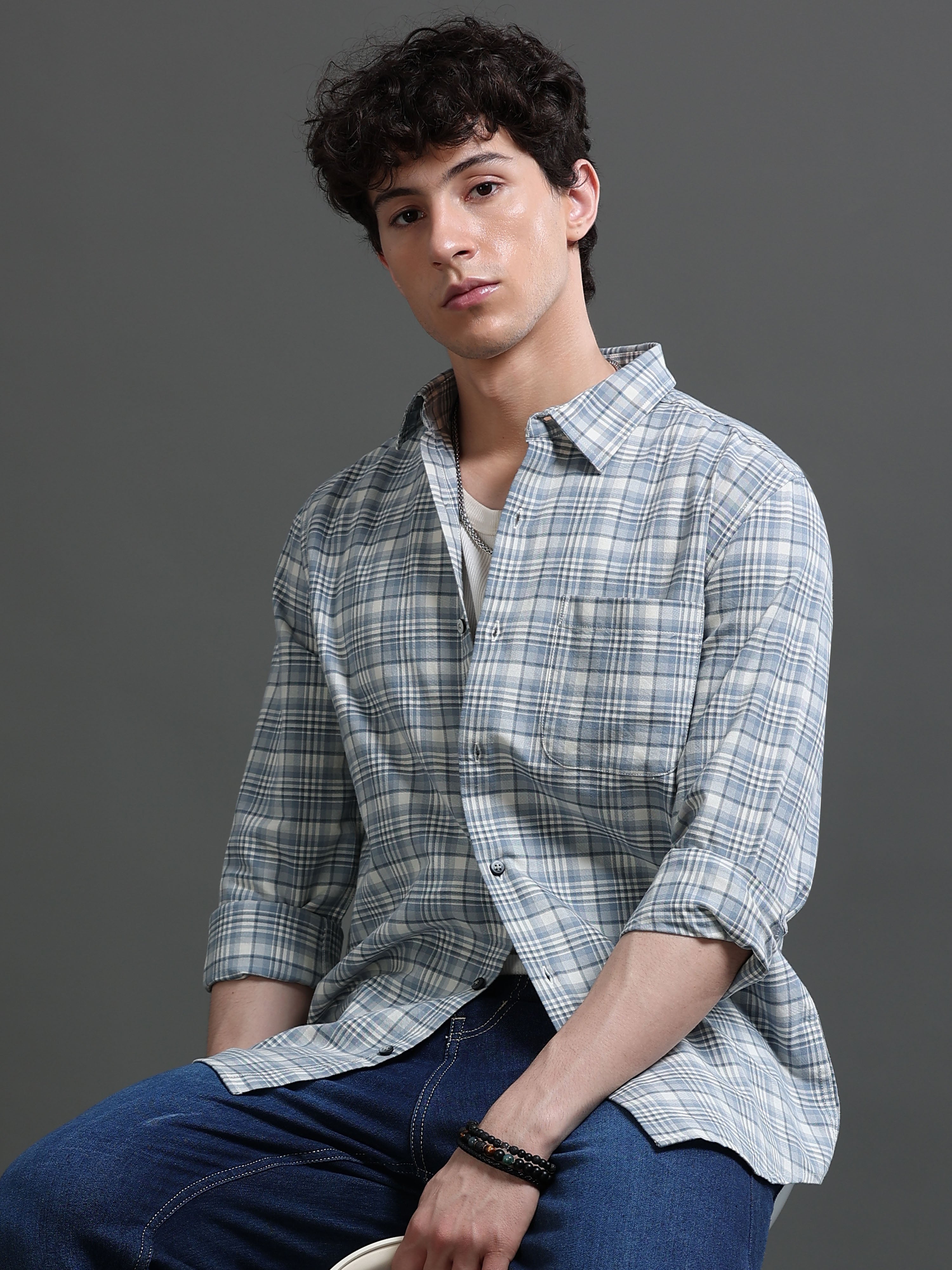 Men Blue Check Shirt