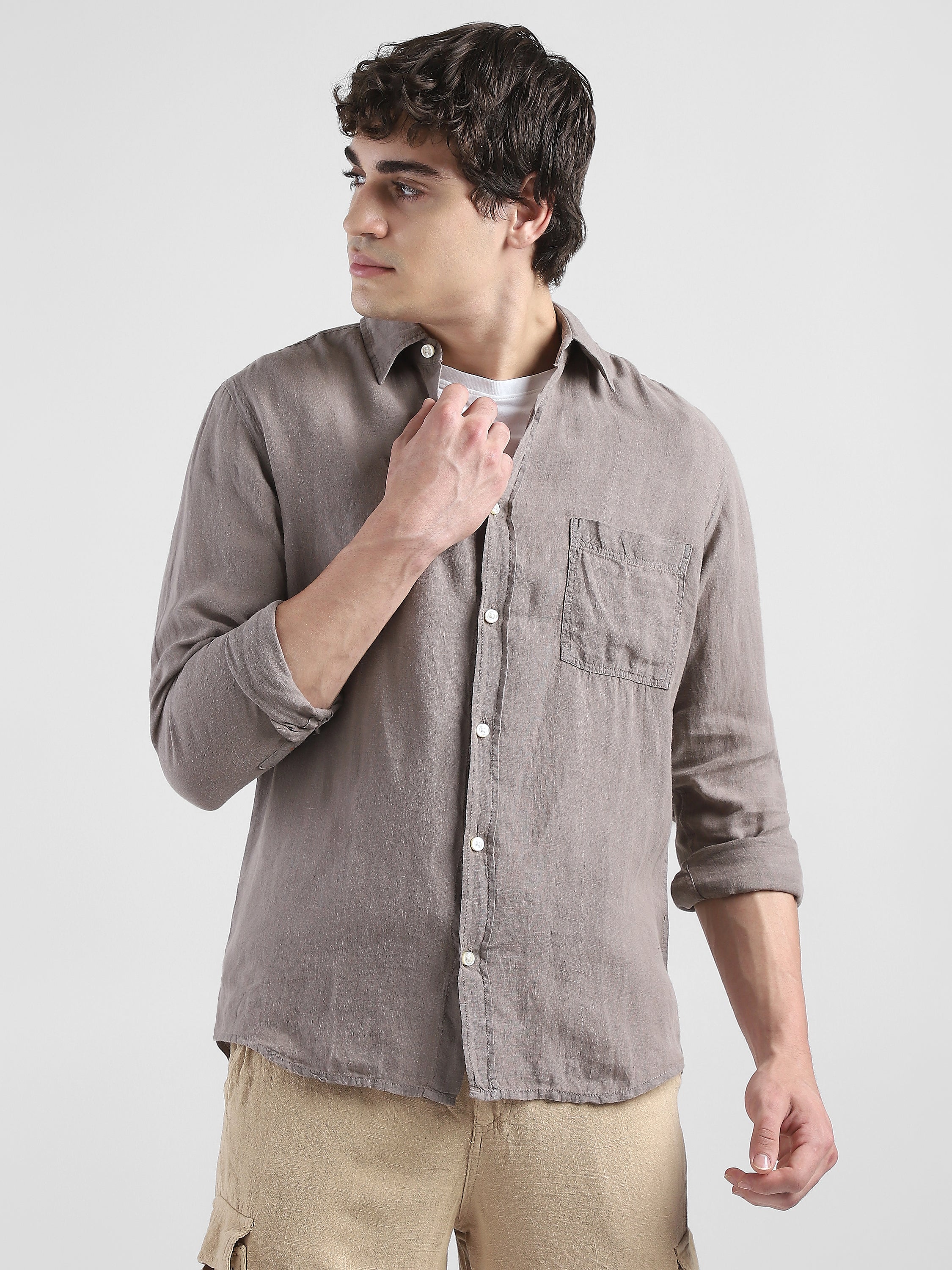 Men 100% Linen Brown Regular Fit Shirt