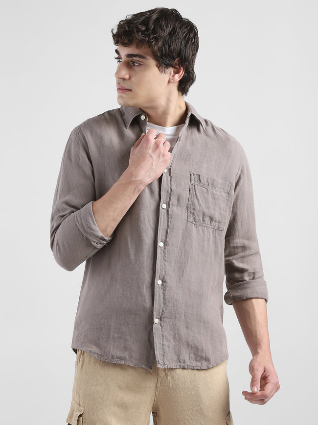 Men 100% Linen Brown Regular Fit Shirt
