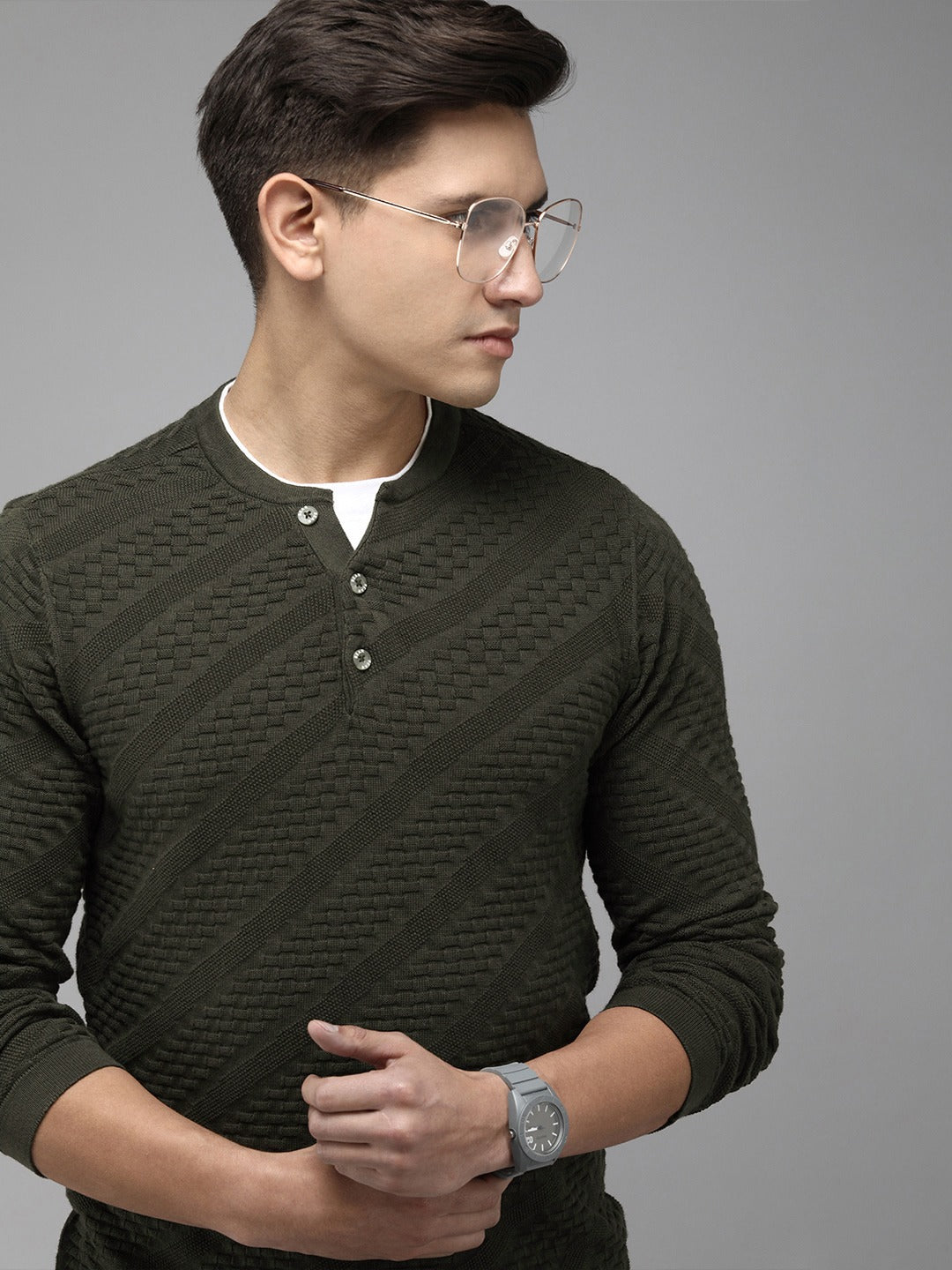Men Ardor Edition Green Self Design Pure Cotton Knitted Pullover Sweatshirt