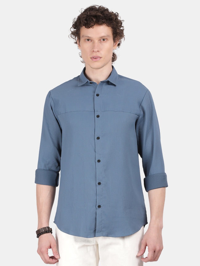 Men Blue Slim Fit Spread Collar Full Sleeve Casual Shirt