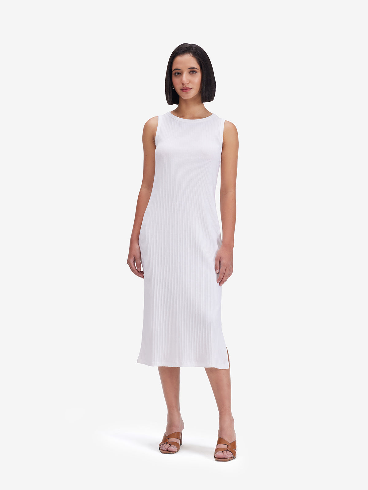 Women White Ribbed Side Slit Midi Dress