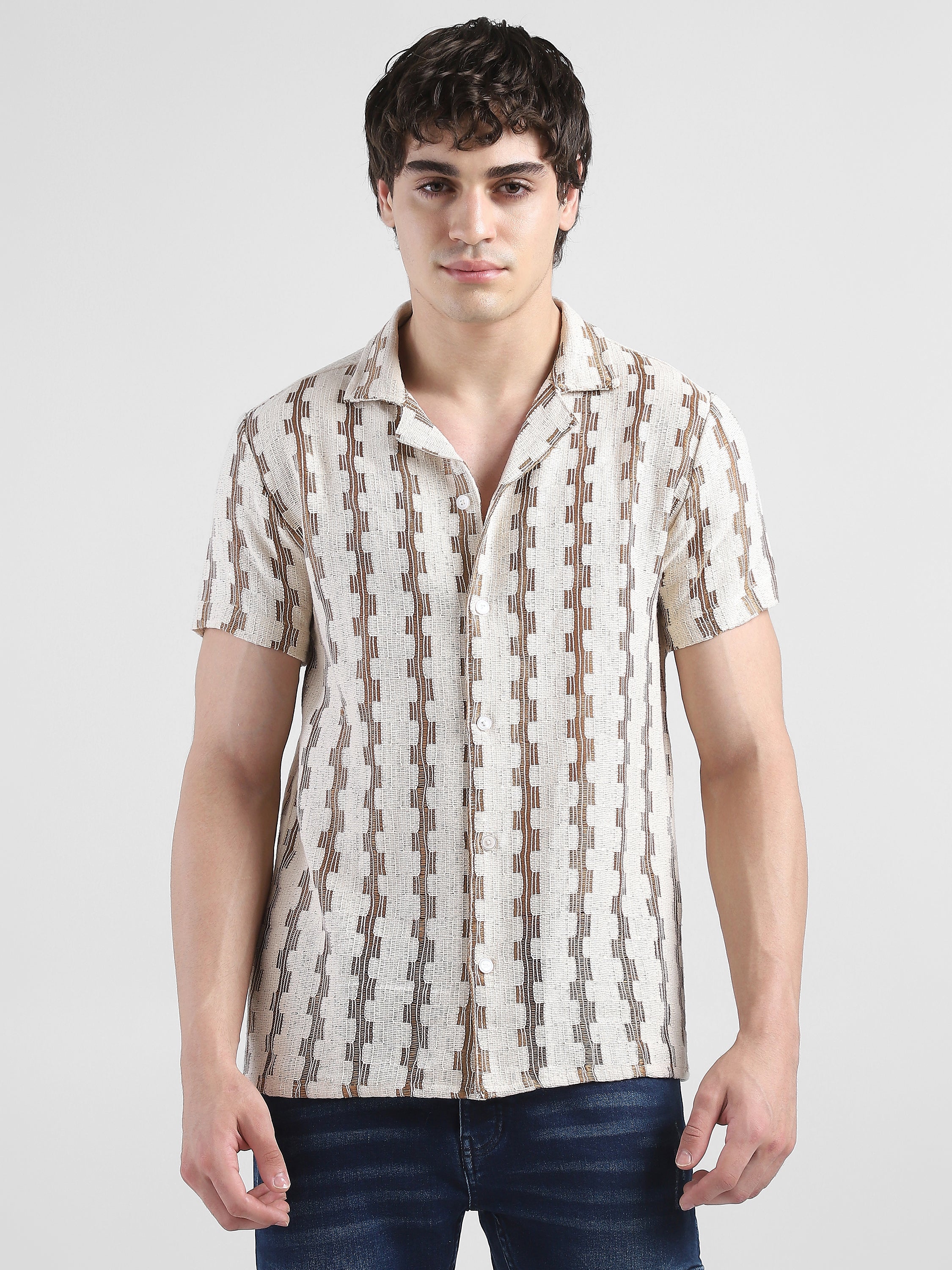 Men Lace See through Brown Casual Shirt