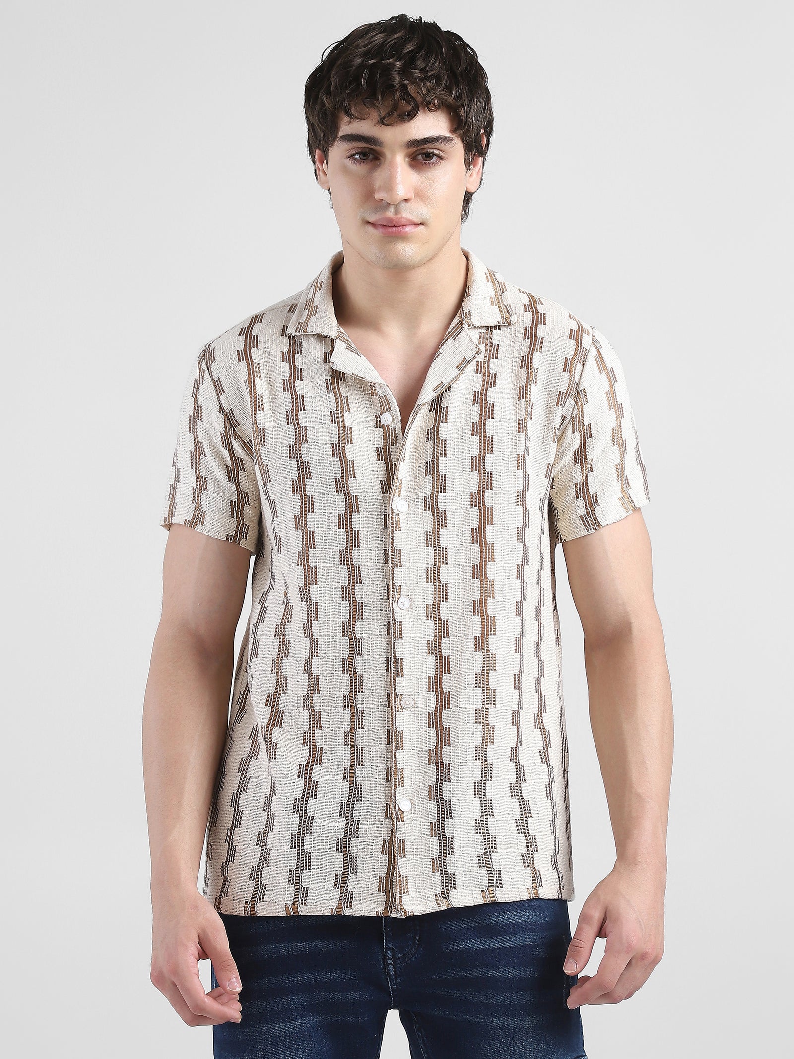 Men Lace See through Brown Casual Shirt