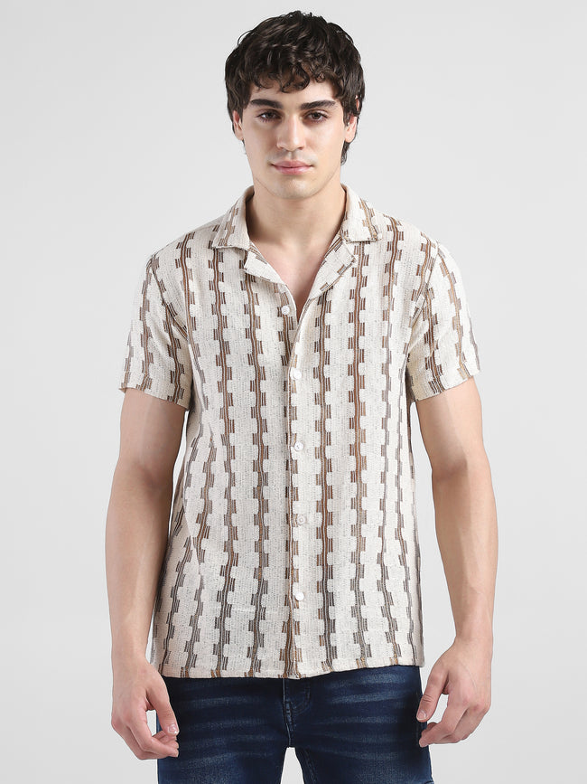 Men Lace See through Brown Casual Shirt