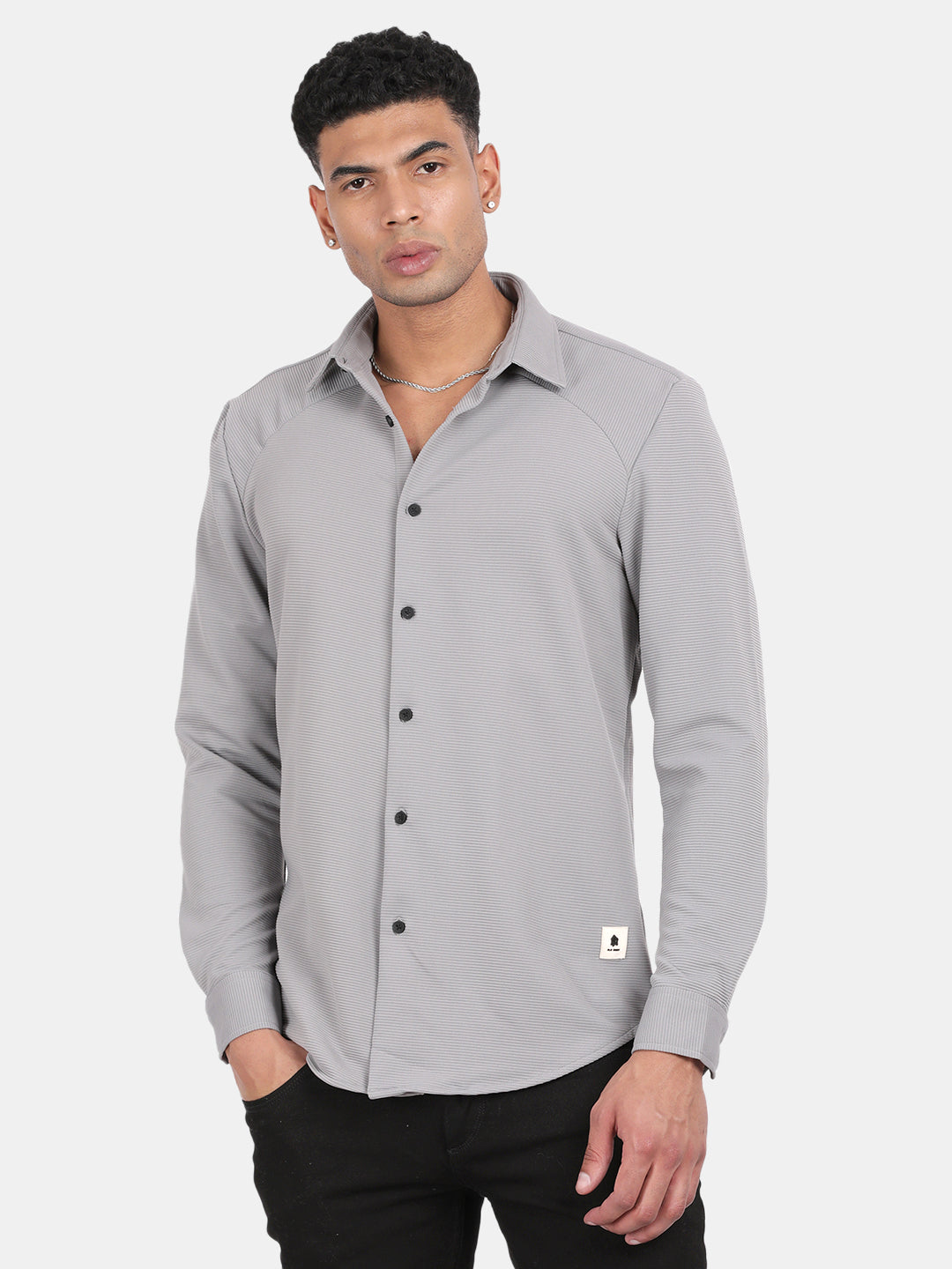 Men Silver Slim Fit Spread Collar Full Sleeve Casual Shirt
