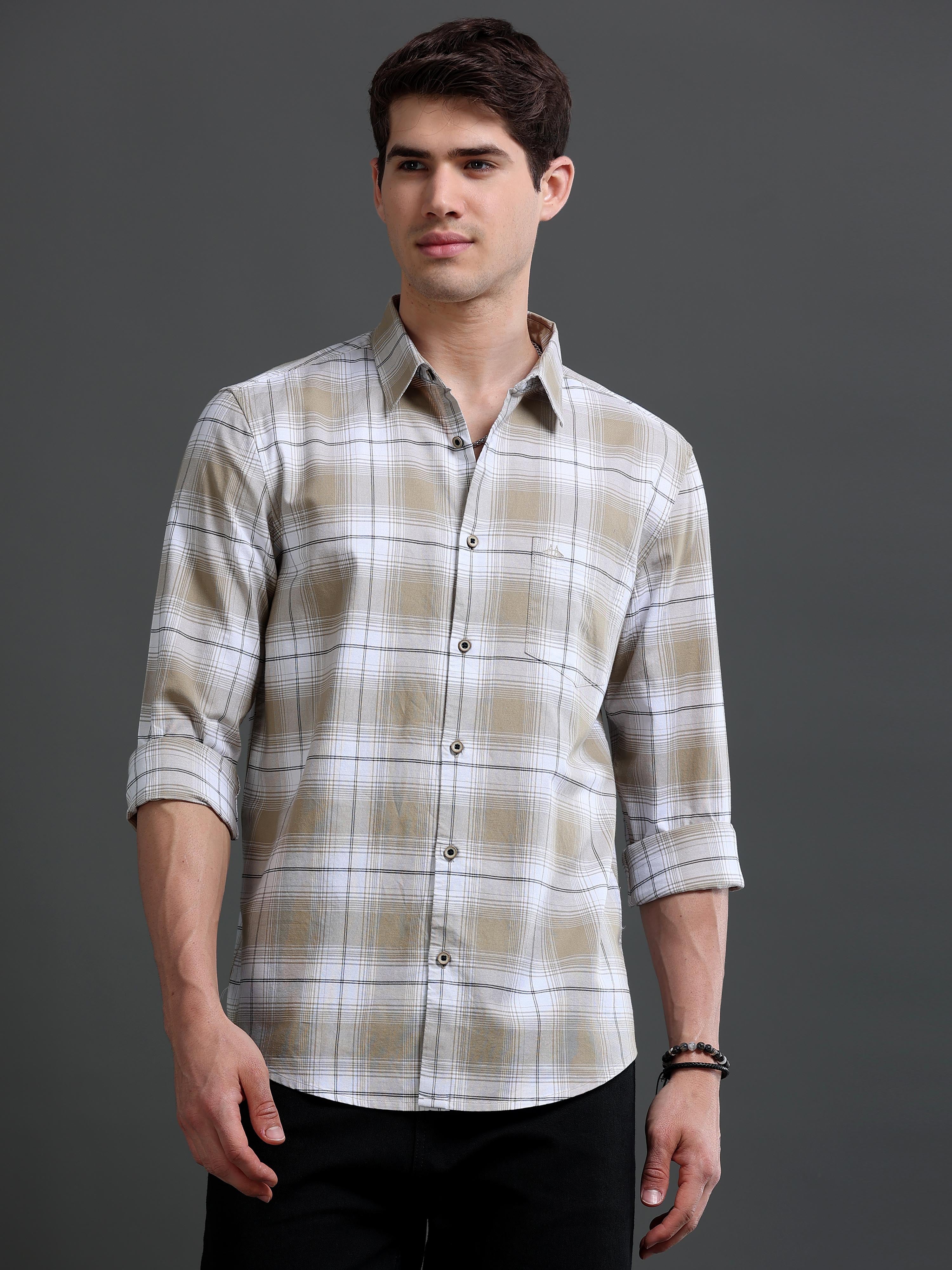 Men Beige Checked Cotton Shirt