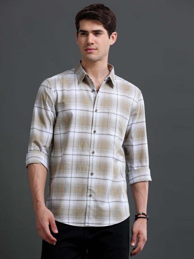 Men Beige Checked Cotton Shirt