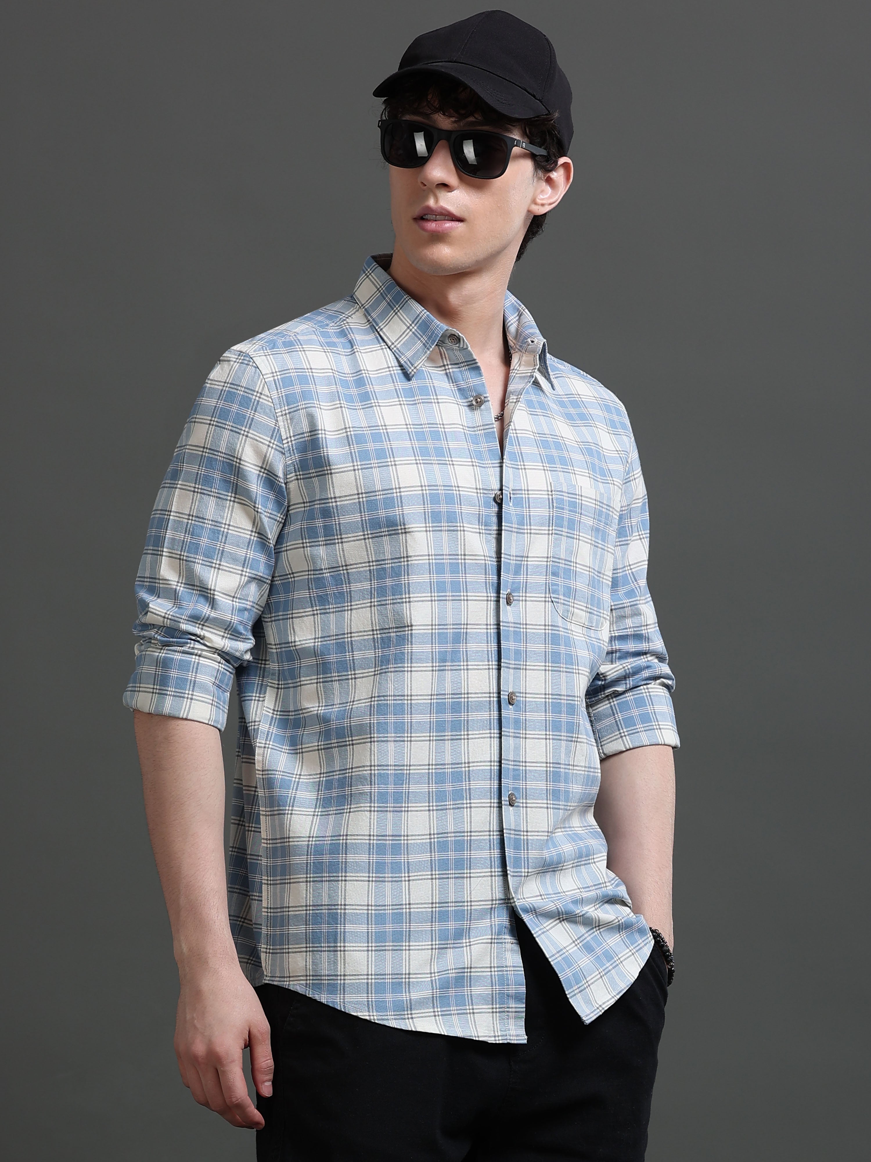 Men Blue Check Shirt