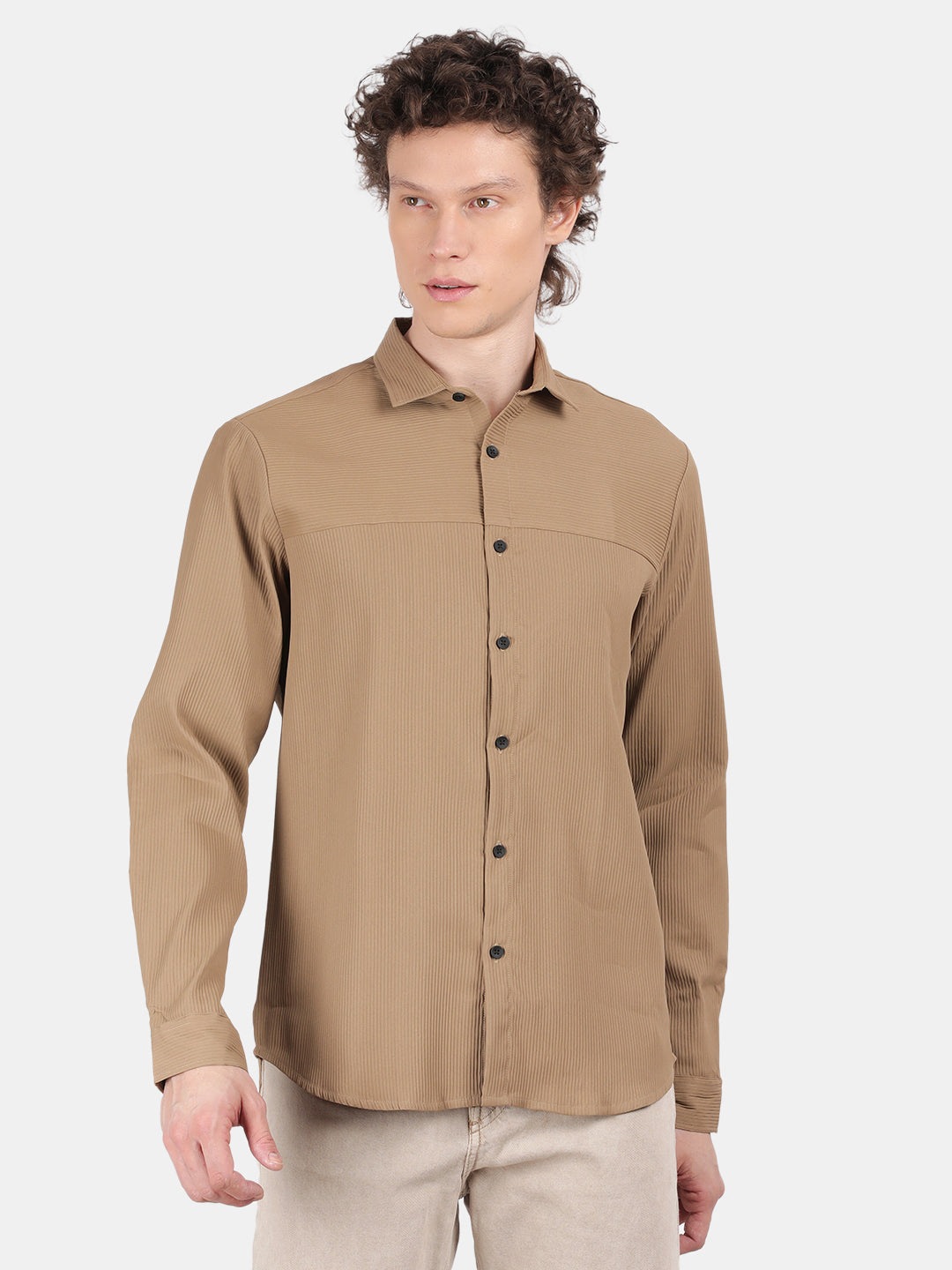 Men Khaki Slim Fit Spread Collar Full Sleeve Casual Shirt