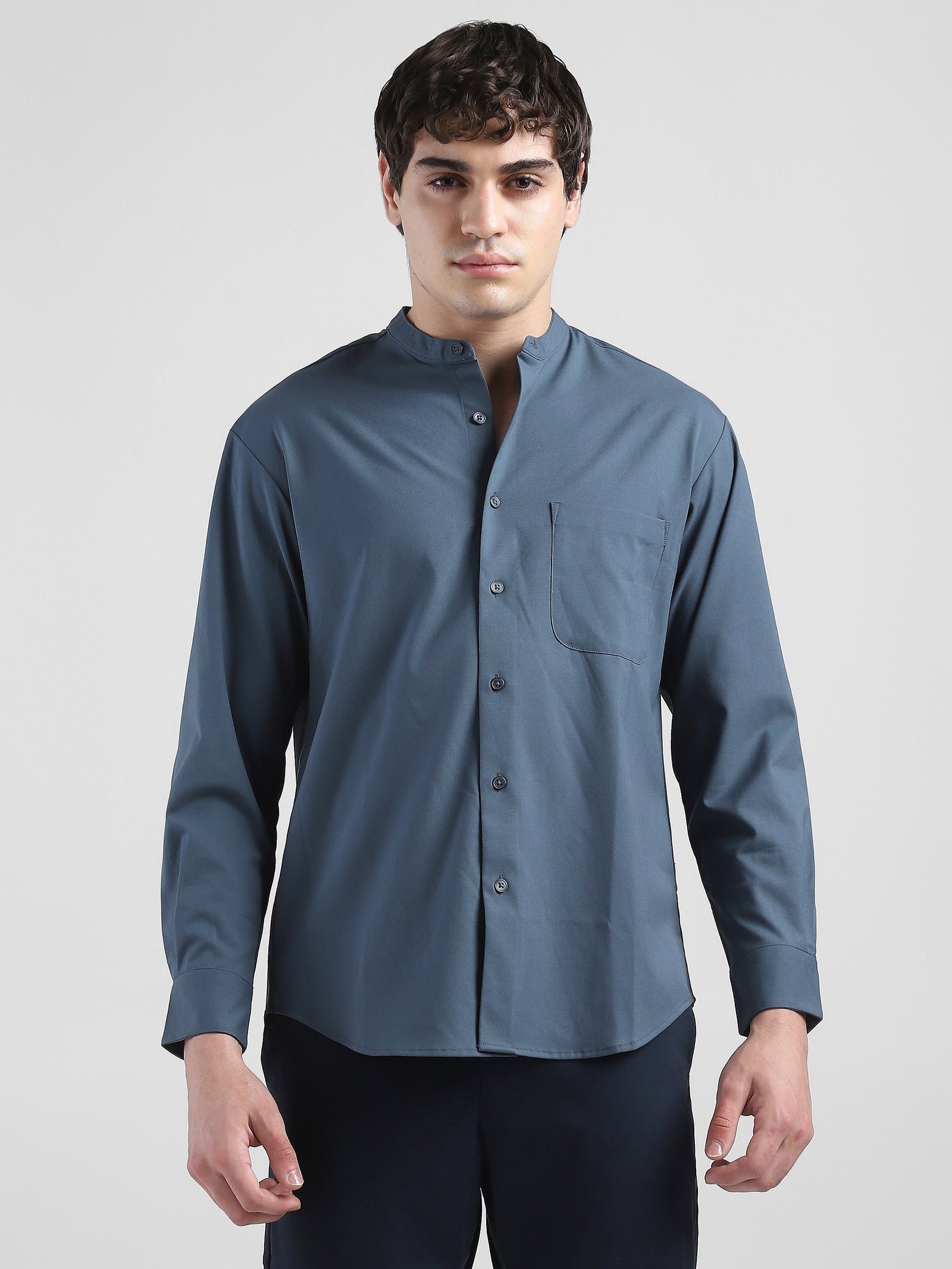 Men Grey Mandarin Collar Regular Fit Shirt
