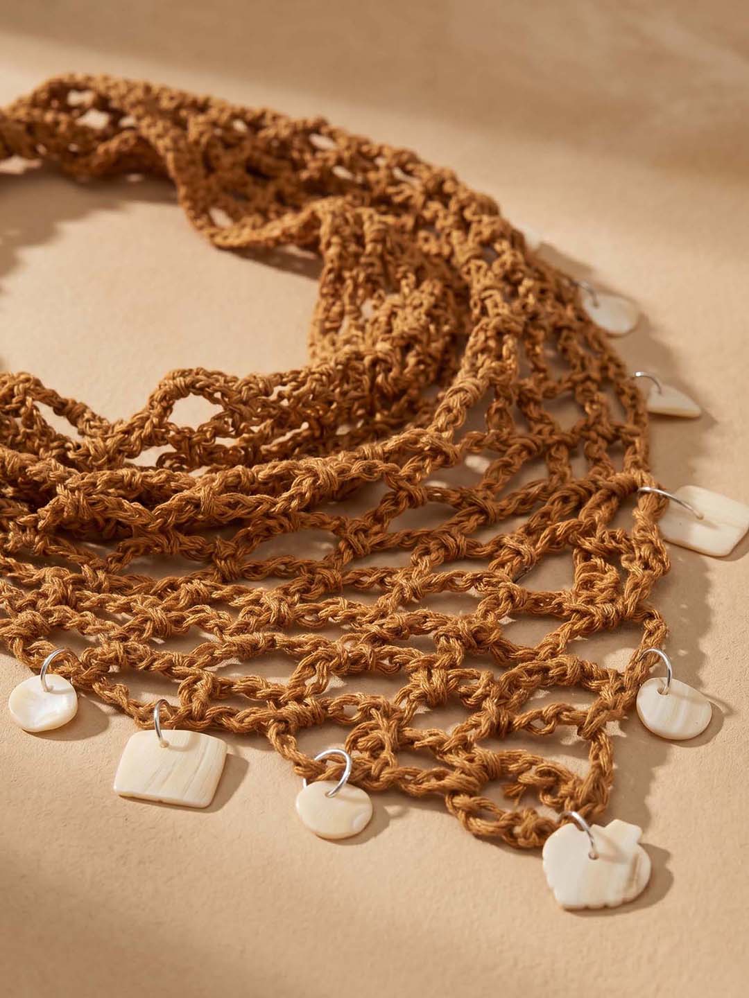 Brown Bohemian Crochet Headscarf with Shell Charms
