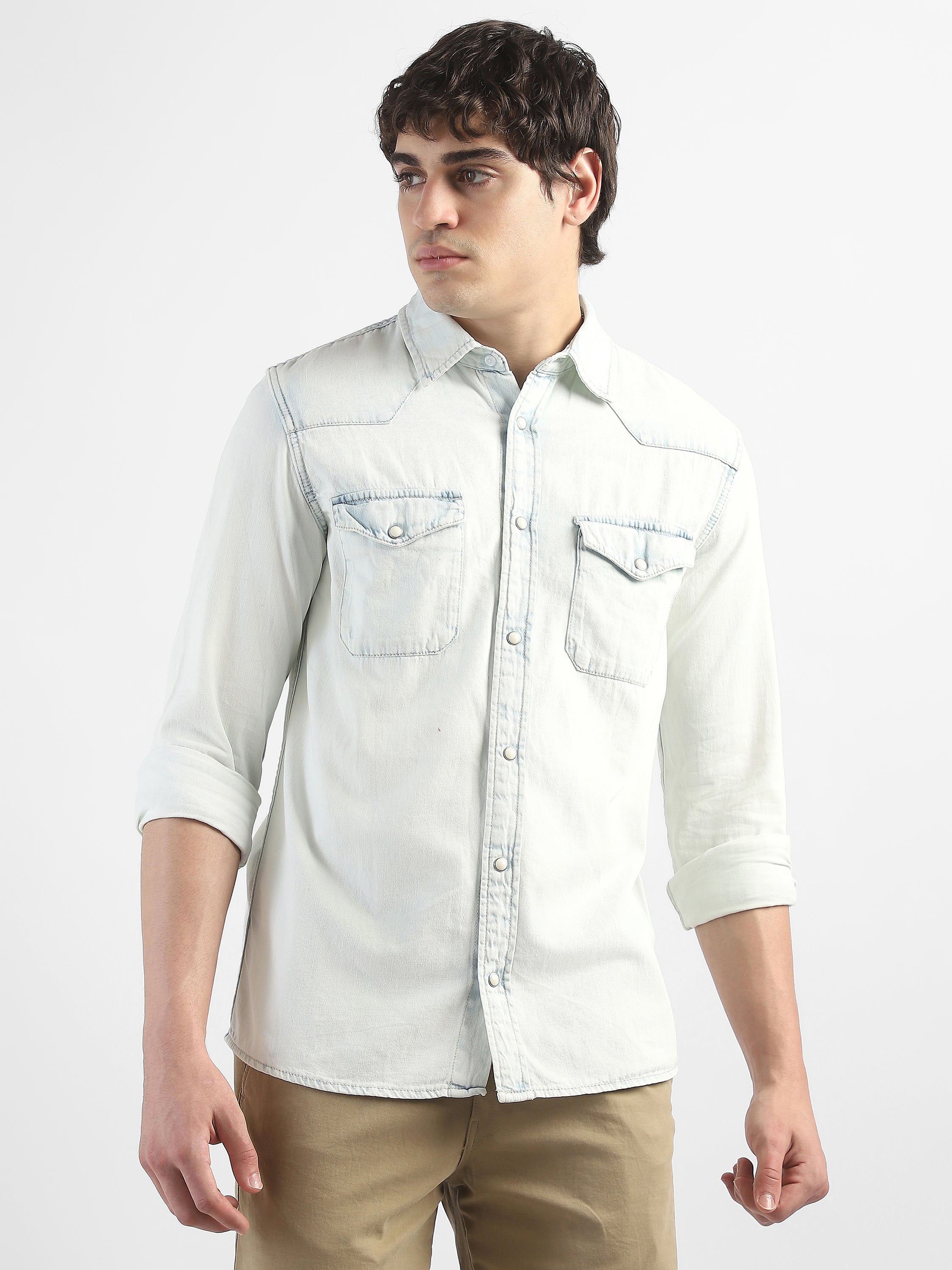 Men Denim Light Blue Shirt with Two Pockets